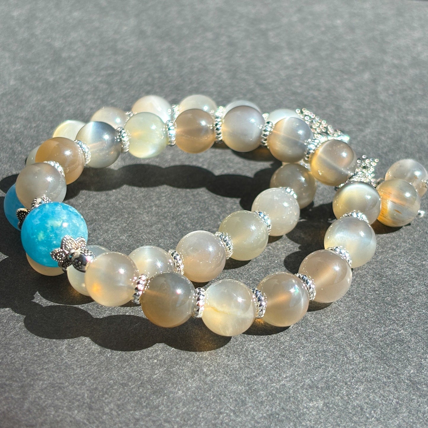 Gray Moonstone and Aquamarine Handmade Boho Chic Crystal Bracelet