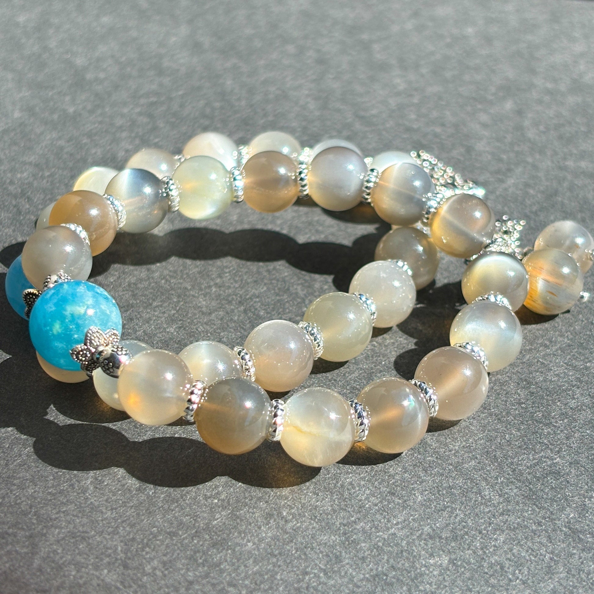Gray Moonstone and Aquamarine Handmade Boho Chic Crystal Bracelet