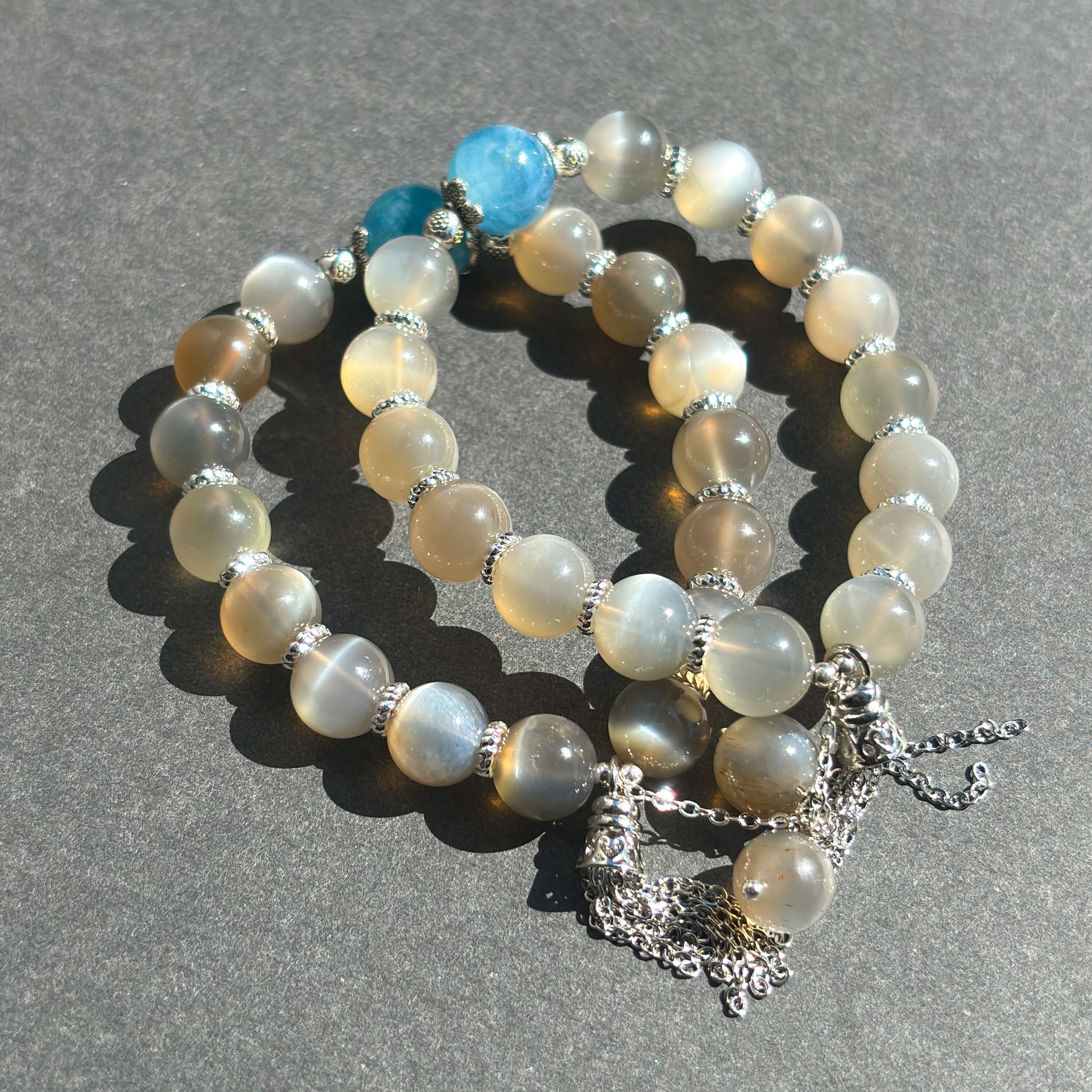Gray Moonstone and Aquamarine Handmade Boho Chic Crystal Bracelet