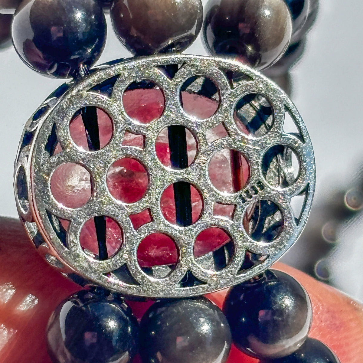 Silver Sheen Obsidian and Rhodonite Vintage Styled Crystal Bracelet