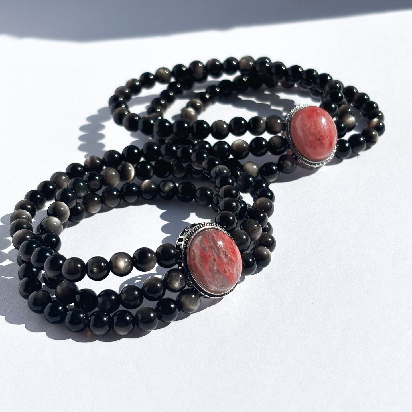 Silver Sheen Obsidian and Rhodonite Vintage Styled Crystal Bracelet