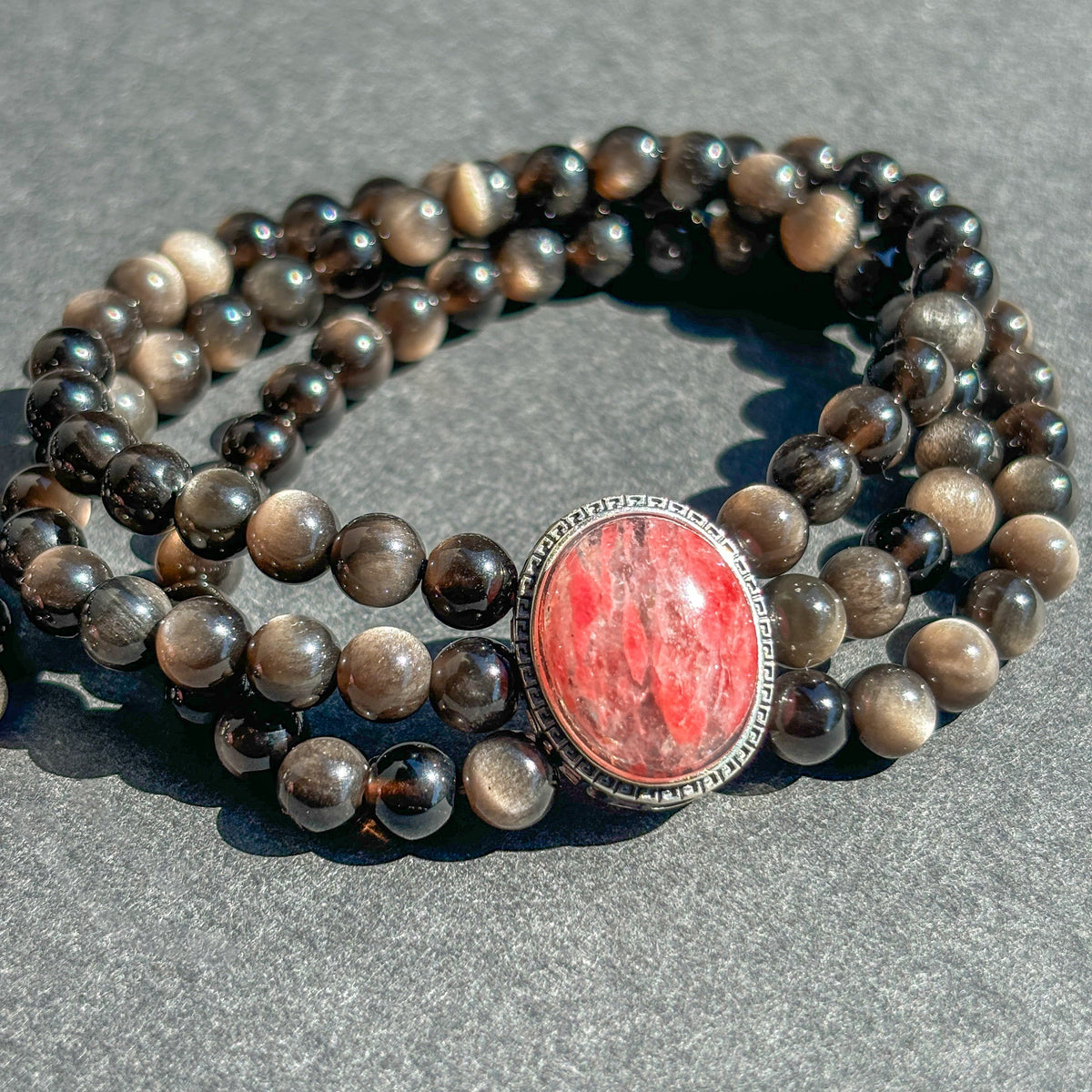 Silver Sheen Obsidian and Rhodonite Vintage Styled Crystal Bracelet