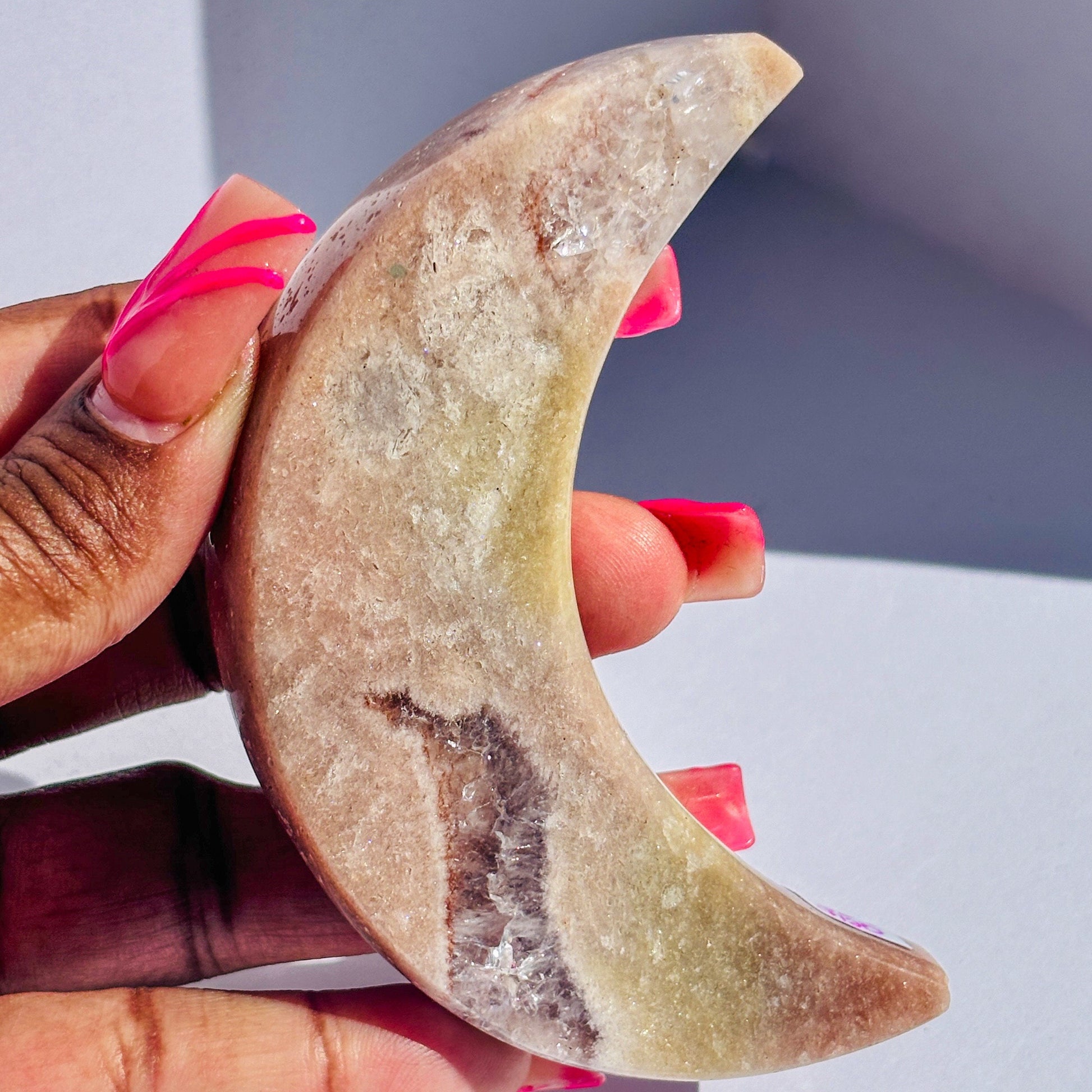 Pink Amethyst Crystal Moon Carving Stone Sculpture