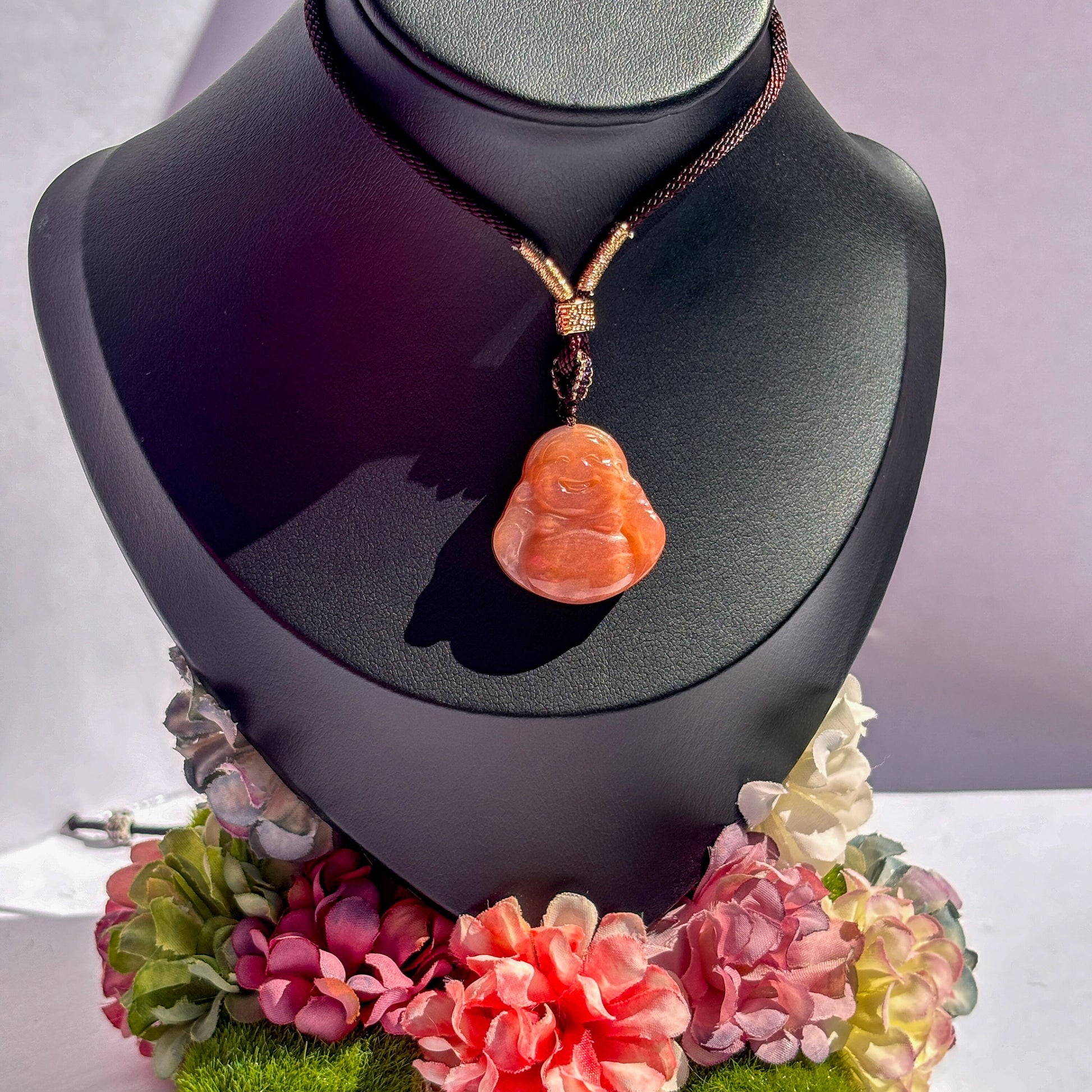 Laughing Buddha Peach Moonstone Sunstone Cord Necklace