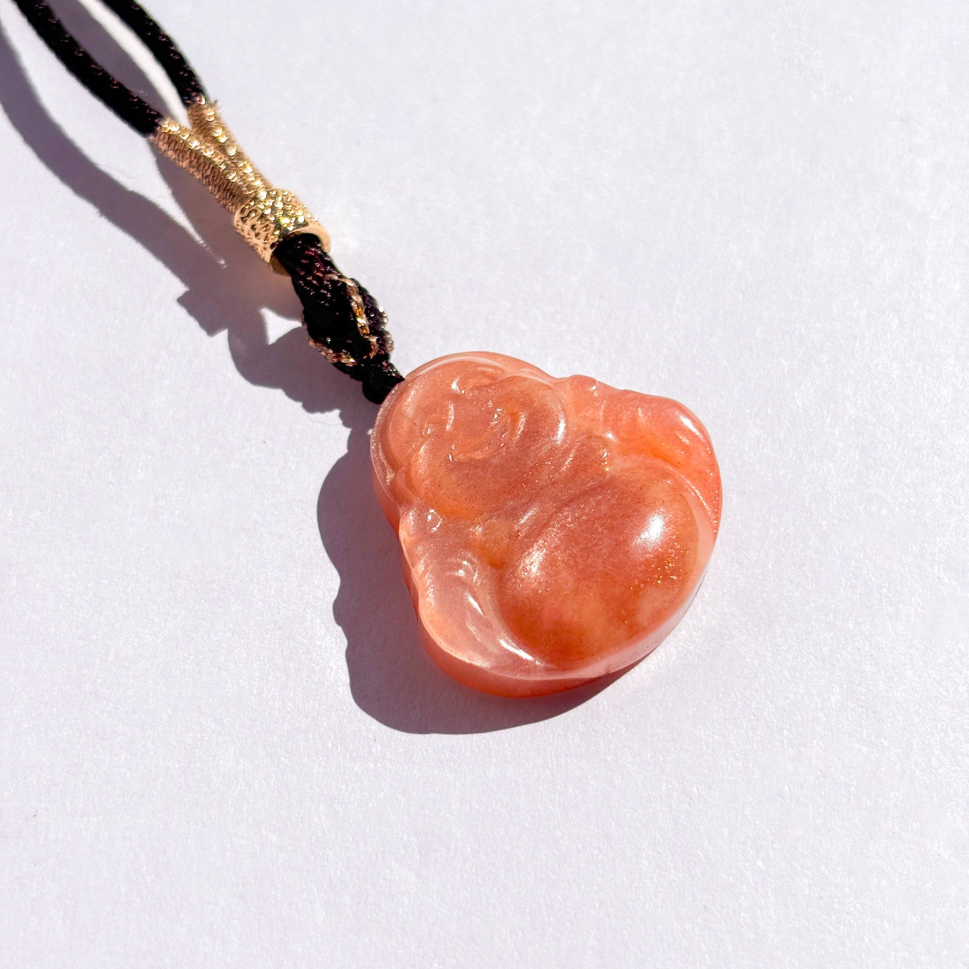 Laughing Buddha Peach Moonstone Sunstone Cord Necklace