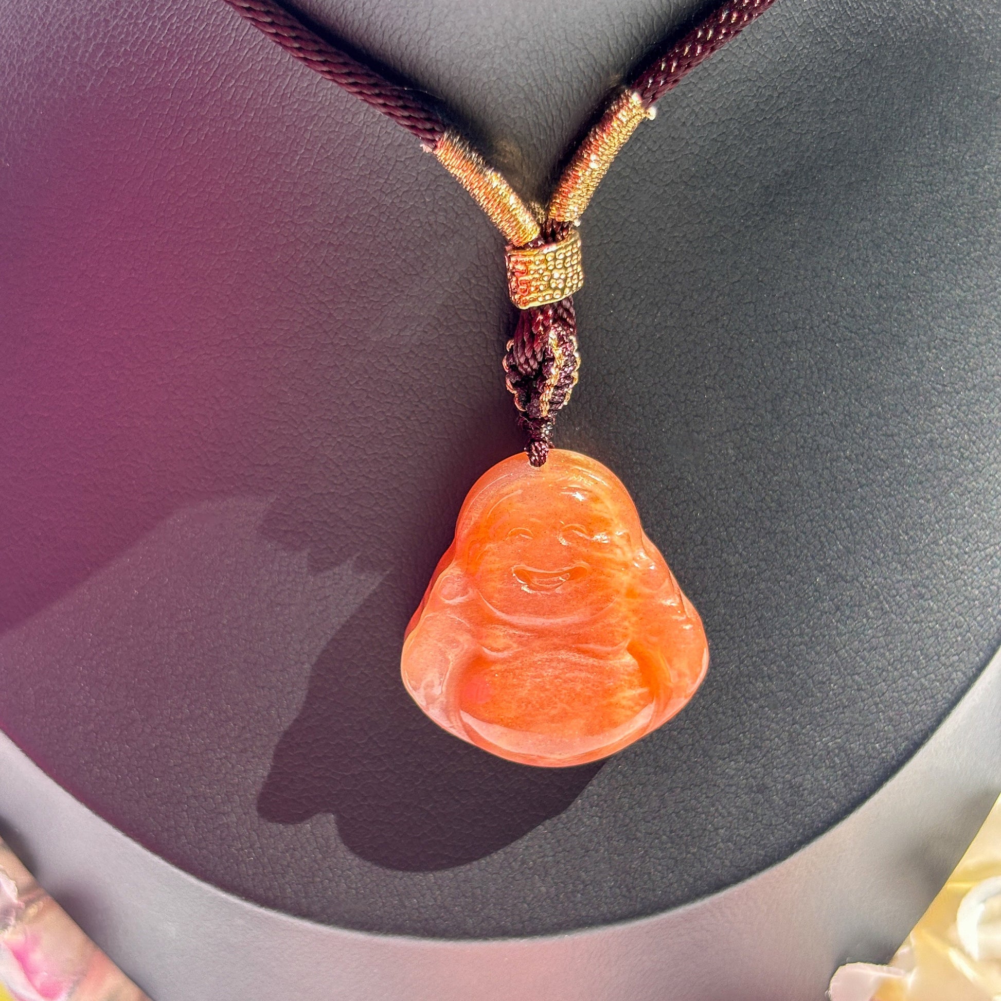 Laughing Buddha Peach Moonstone Sunstone Cord Necklace