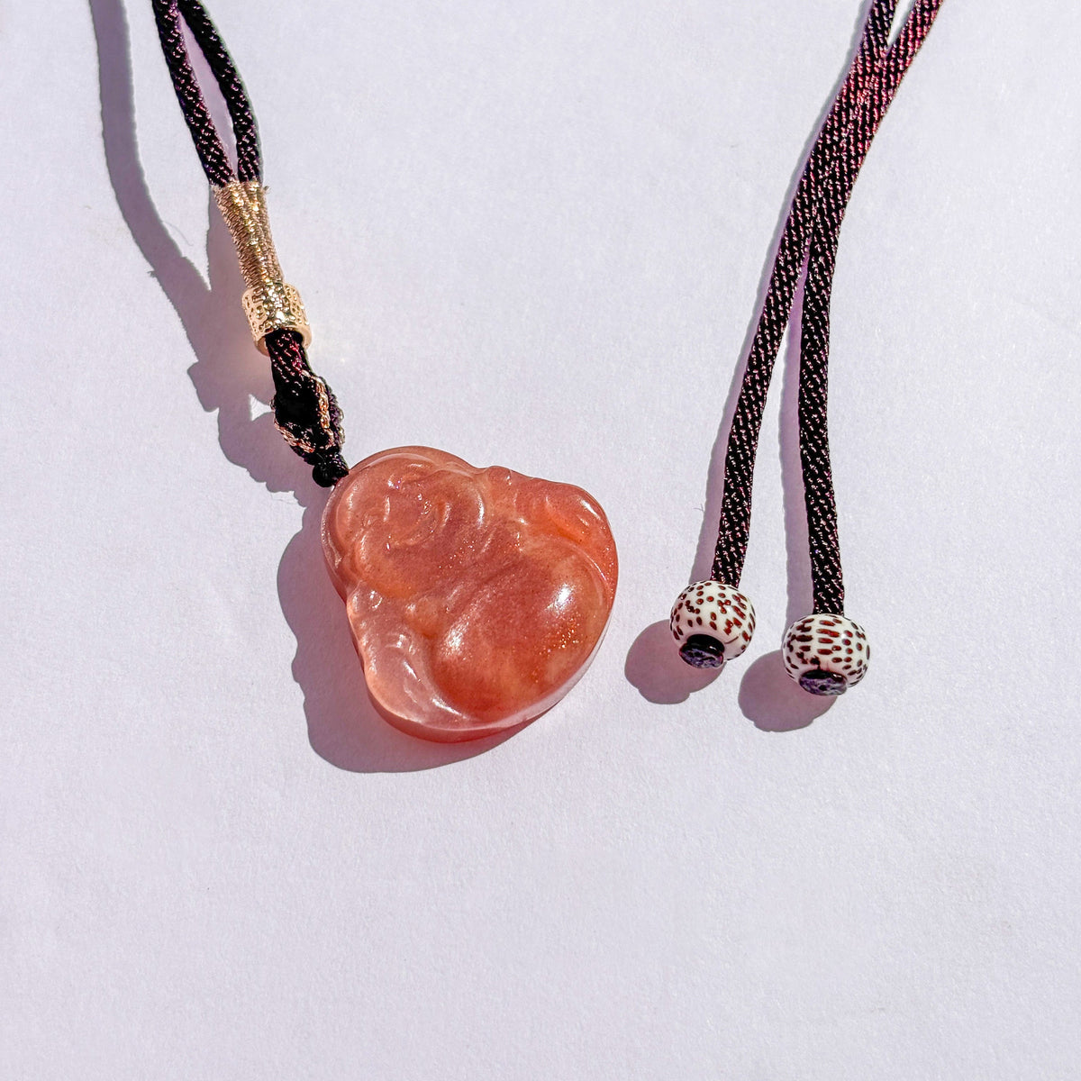 Laughing Buddha Peach Moonstone Sunstone Cord Necklace