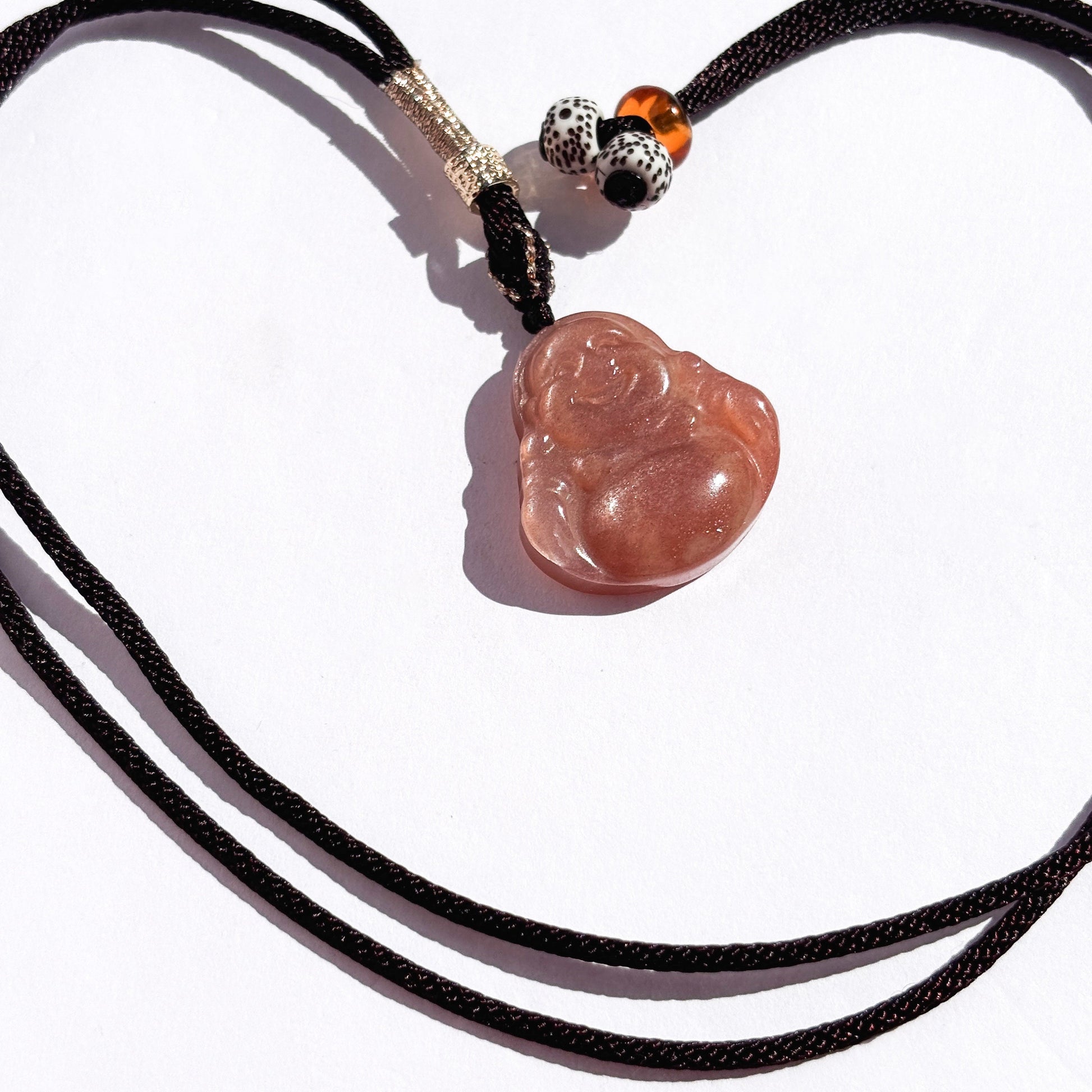 Laughing Buddha Peach Moonstone Sunstone Cord Necklace