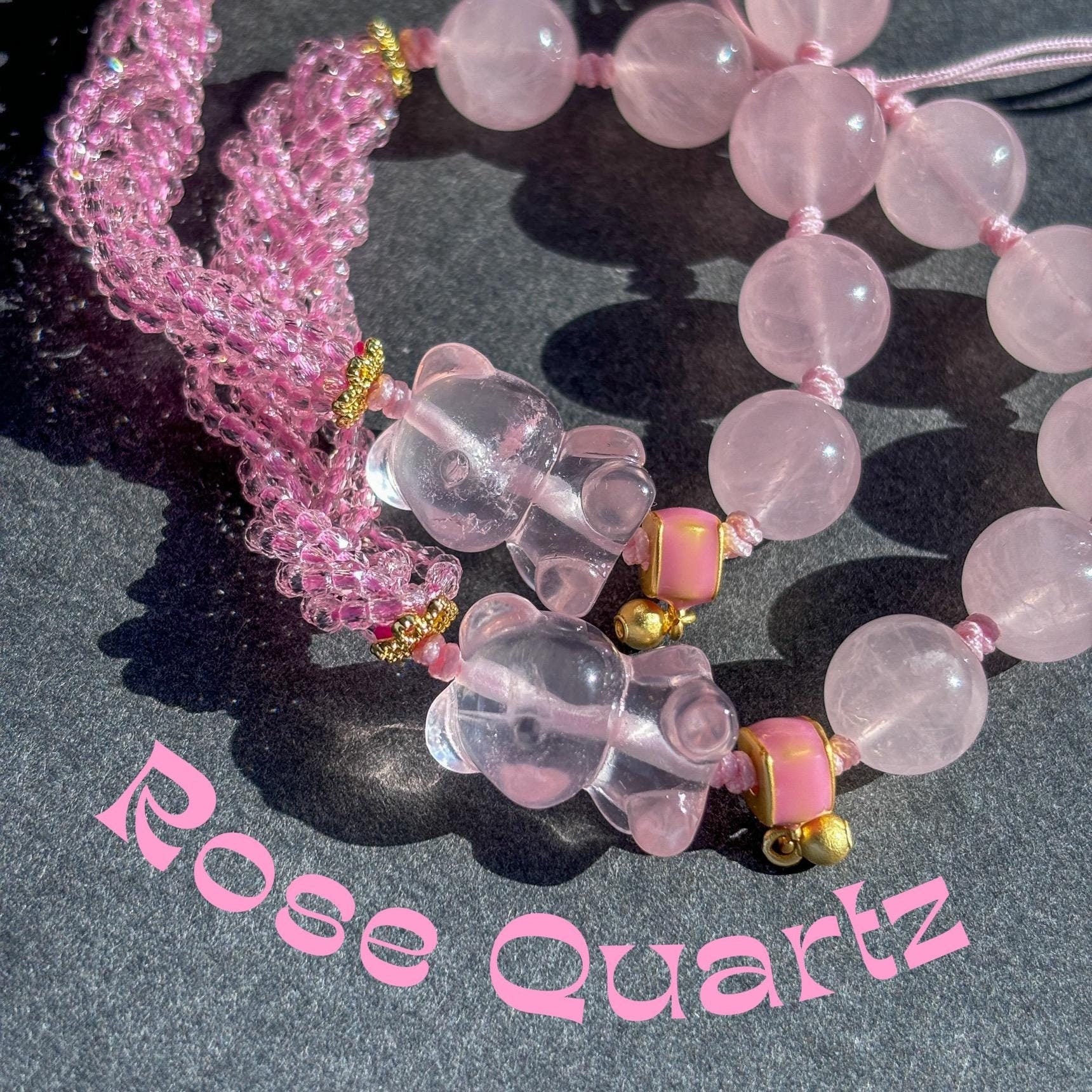 Teddy Bear Rose Quartz Crystal Adjustable Bracelet