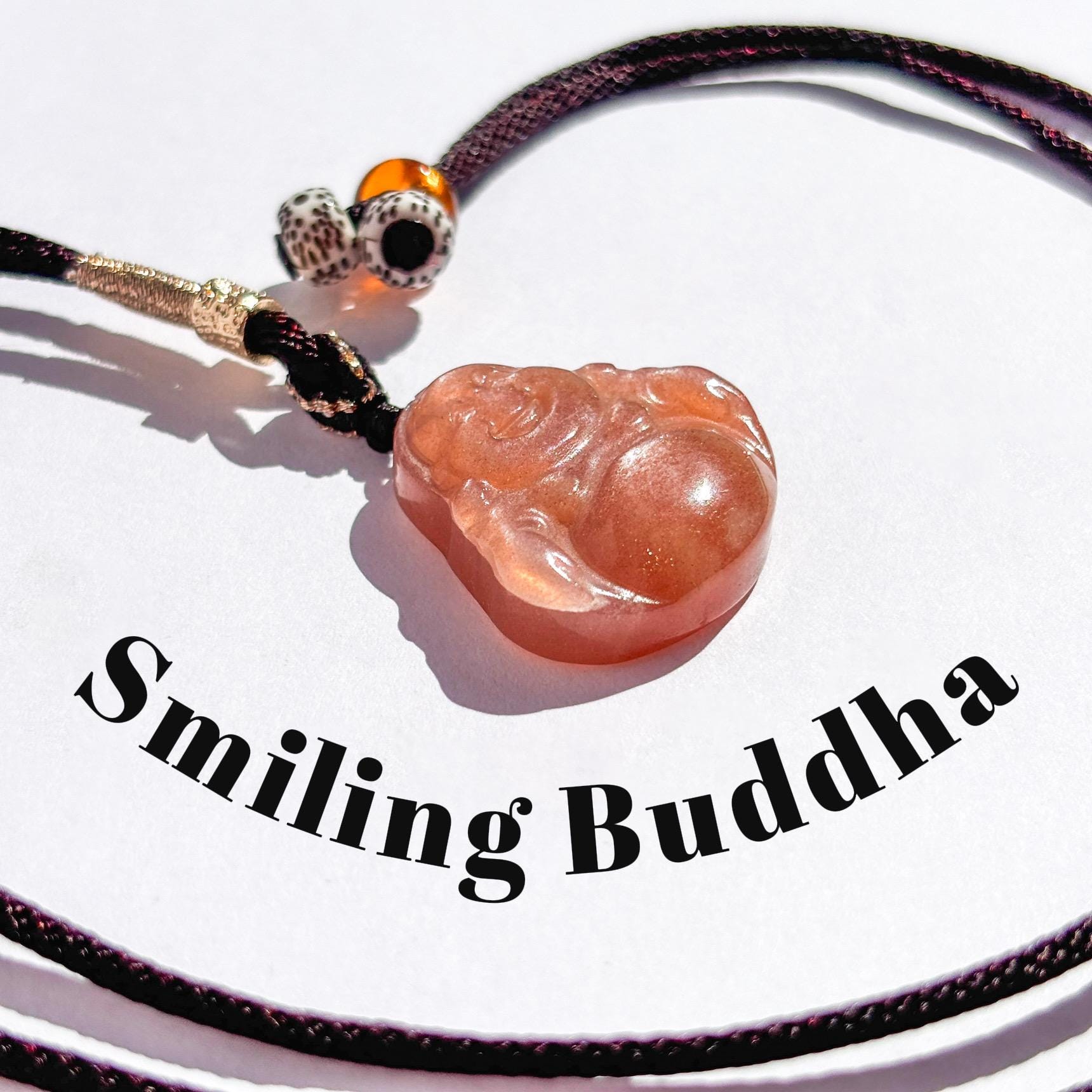Laughing Buddha Peach Moonstone Sunstone Cord Necklace