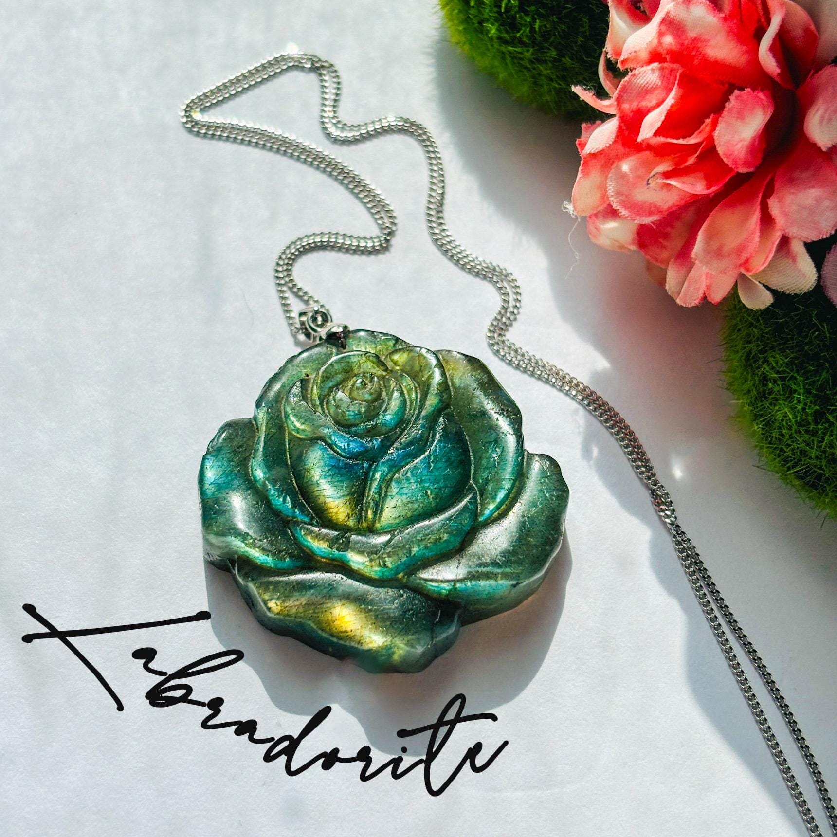 Labradorite Rose Carved Pendant Necklace