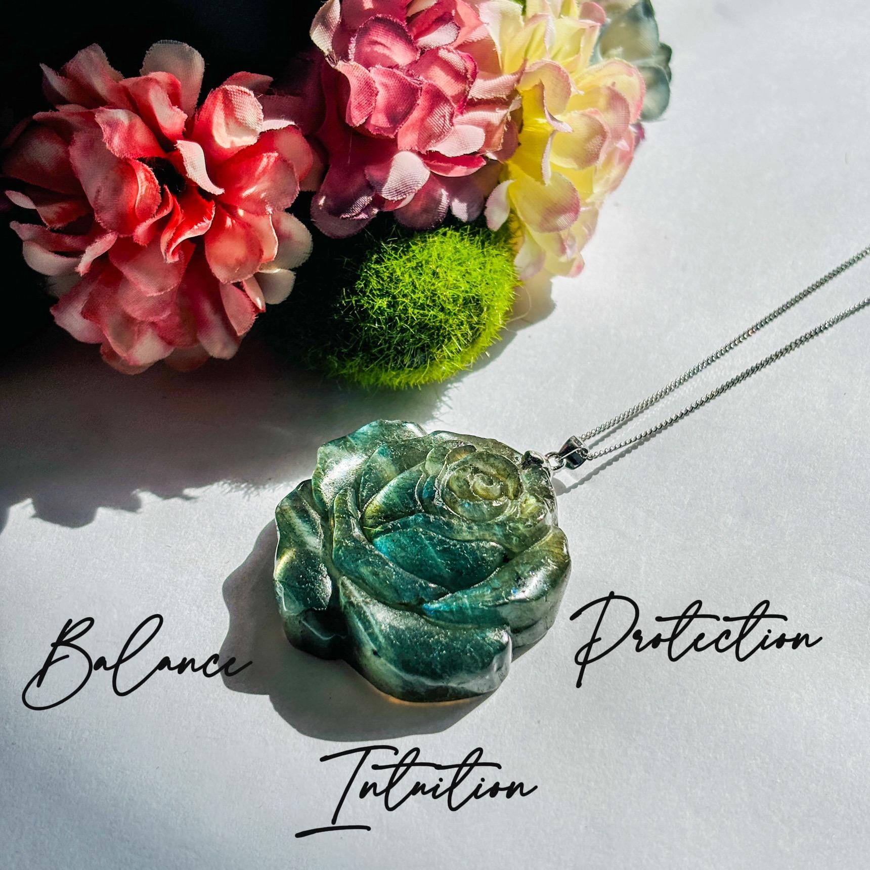 Labradorite Rose Carved Pendant Necklace
