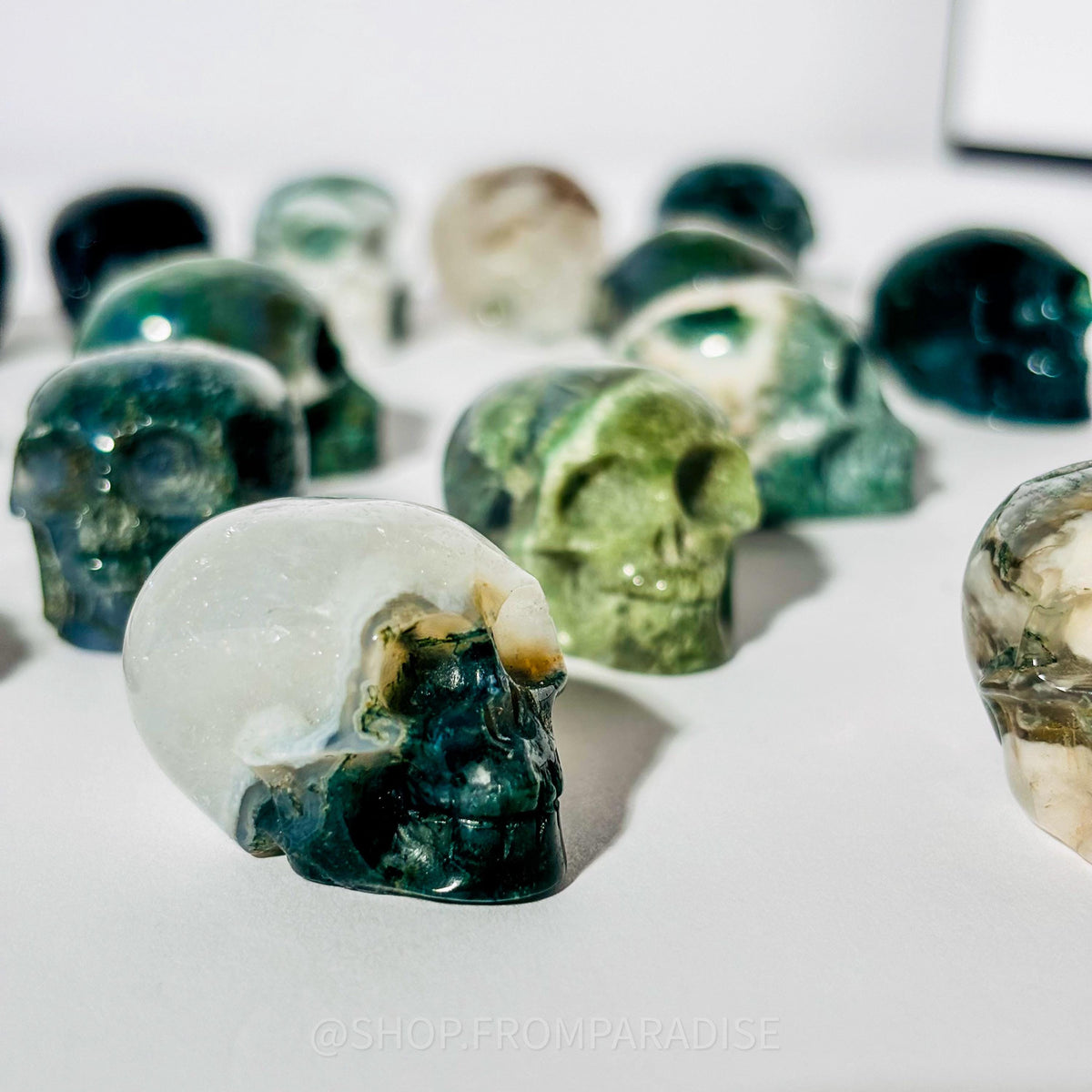 Mini Moss Agate Skull Carving