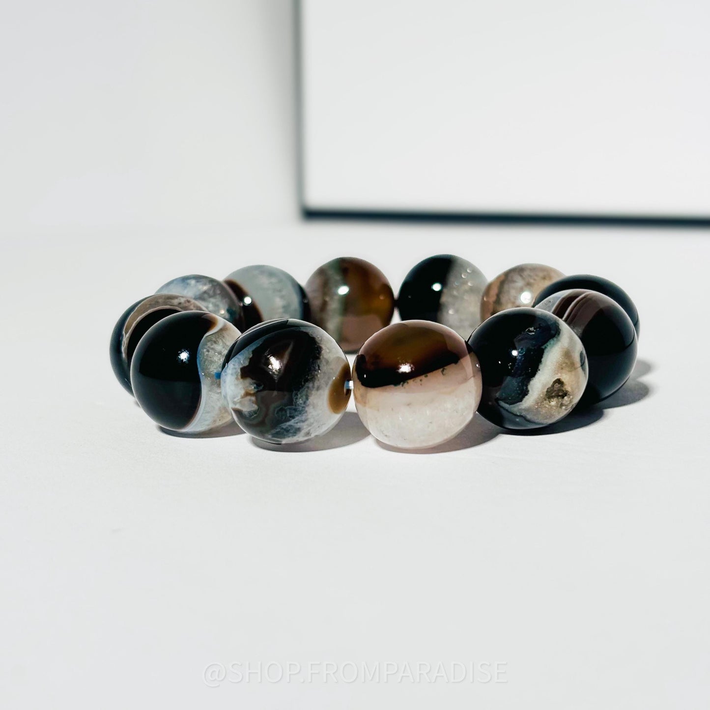 BLACK AGATE Large Crystal Stretch Bracelet MENS LARGE BEAD
