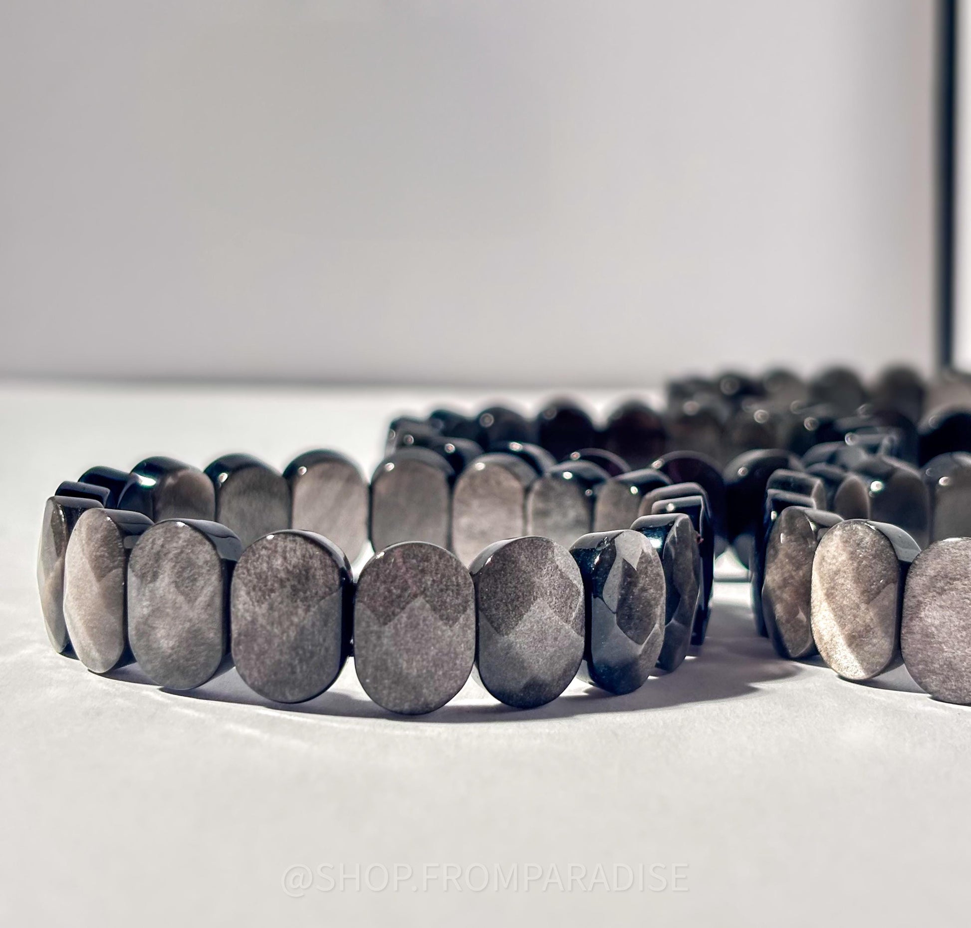 Silver Sheen Obsidian Crystal Oval Stretch Bangle Bracelet