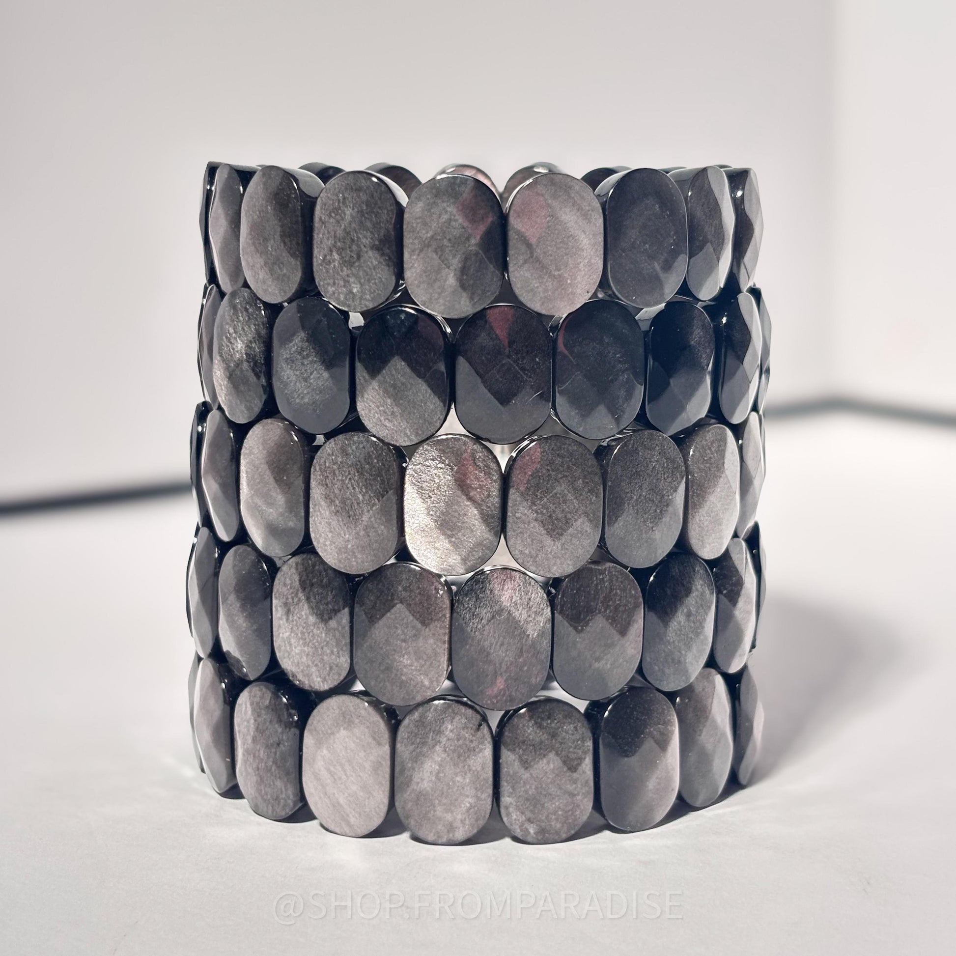 Silver Sheen Obsidian Crystal Oval Stretch Bangle Bracelet