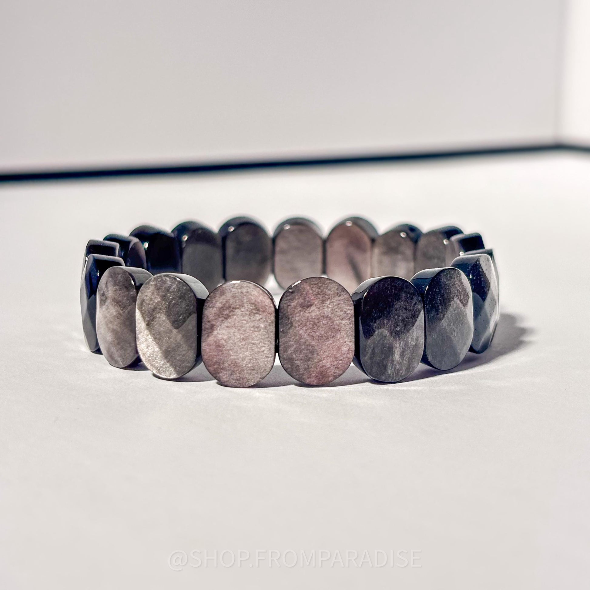 Silver Sheen Obsidian Crystal Oval Stretch Bangle Bracelet