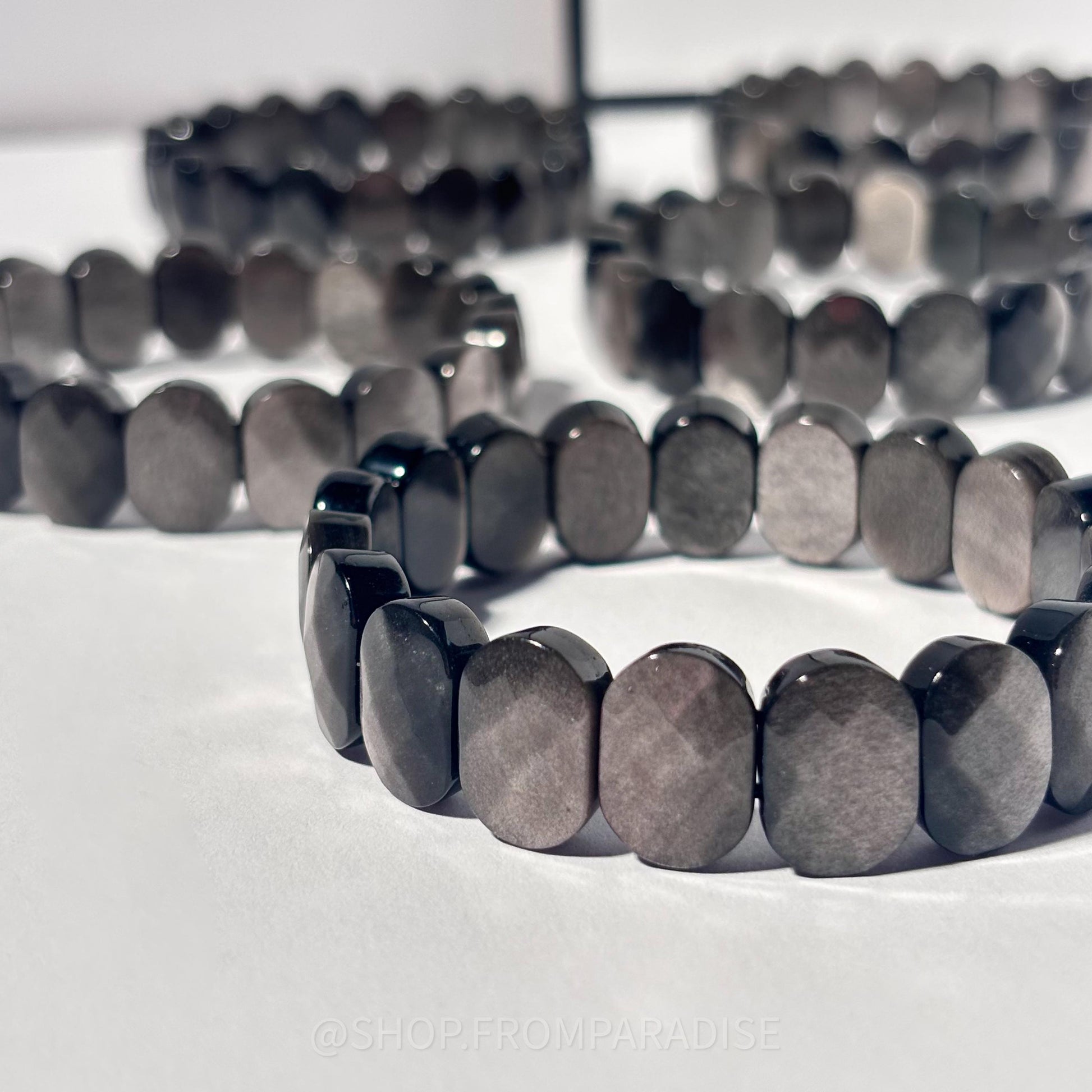 Silver Sheen Obsidian Crystal Oval Stretch Bangle Bracelet