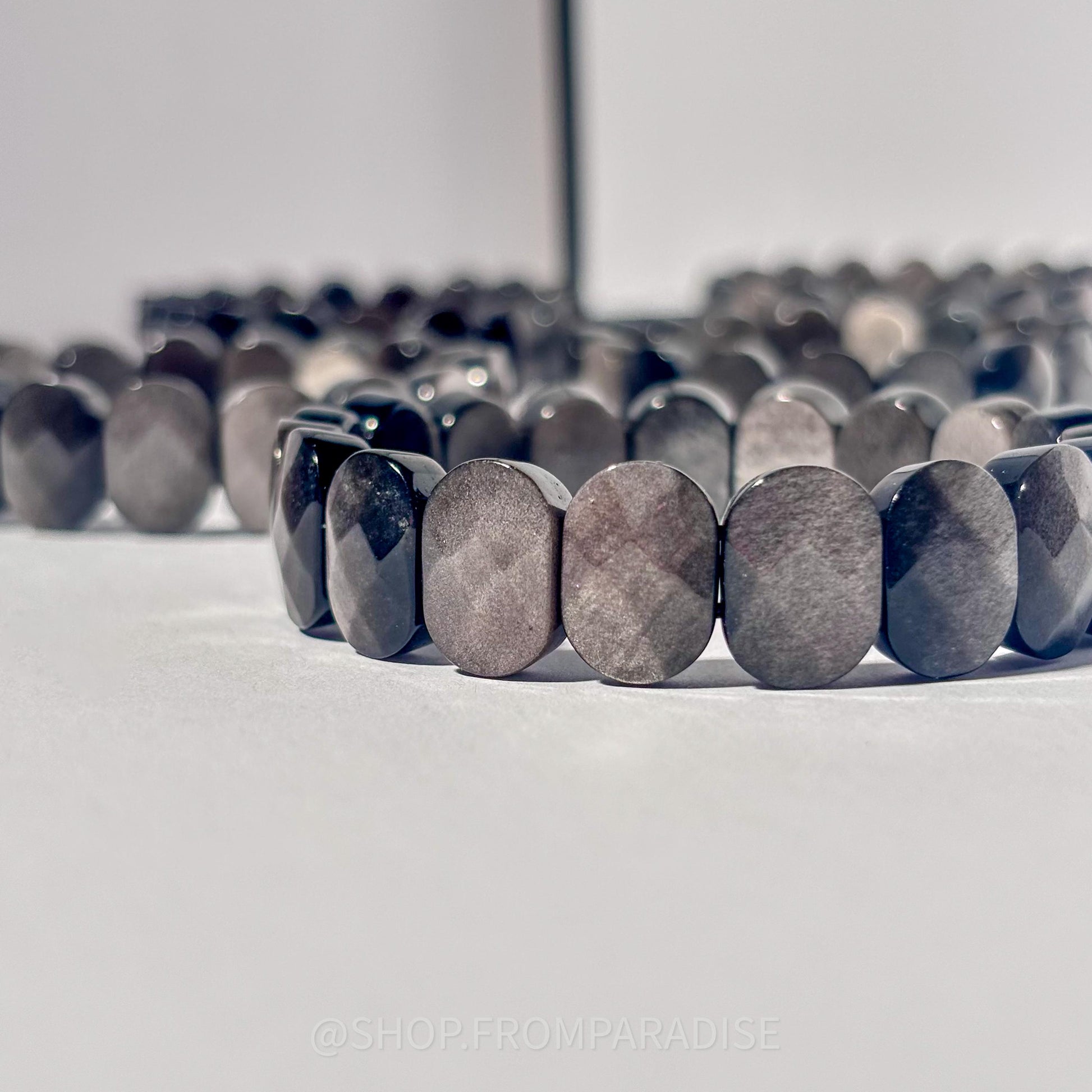 Silver Sheen Obsidian Crystal Oval Stretch Bangle Bracelet