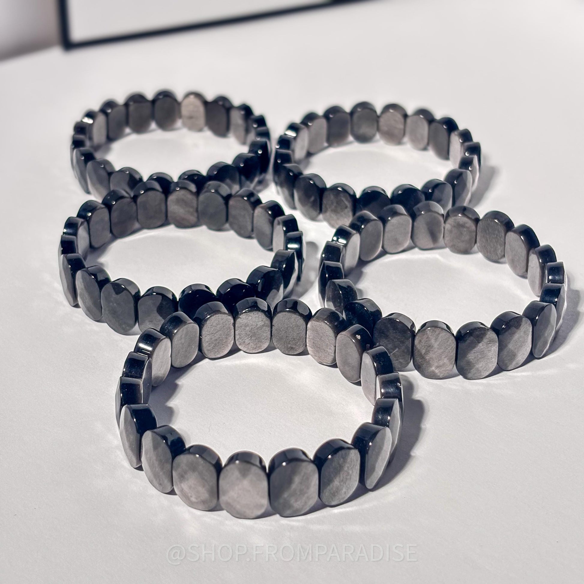 Silver Sheen Obsidian Crystal Oval Stretch Bangle Bracelet