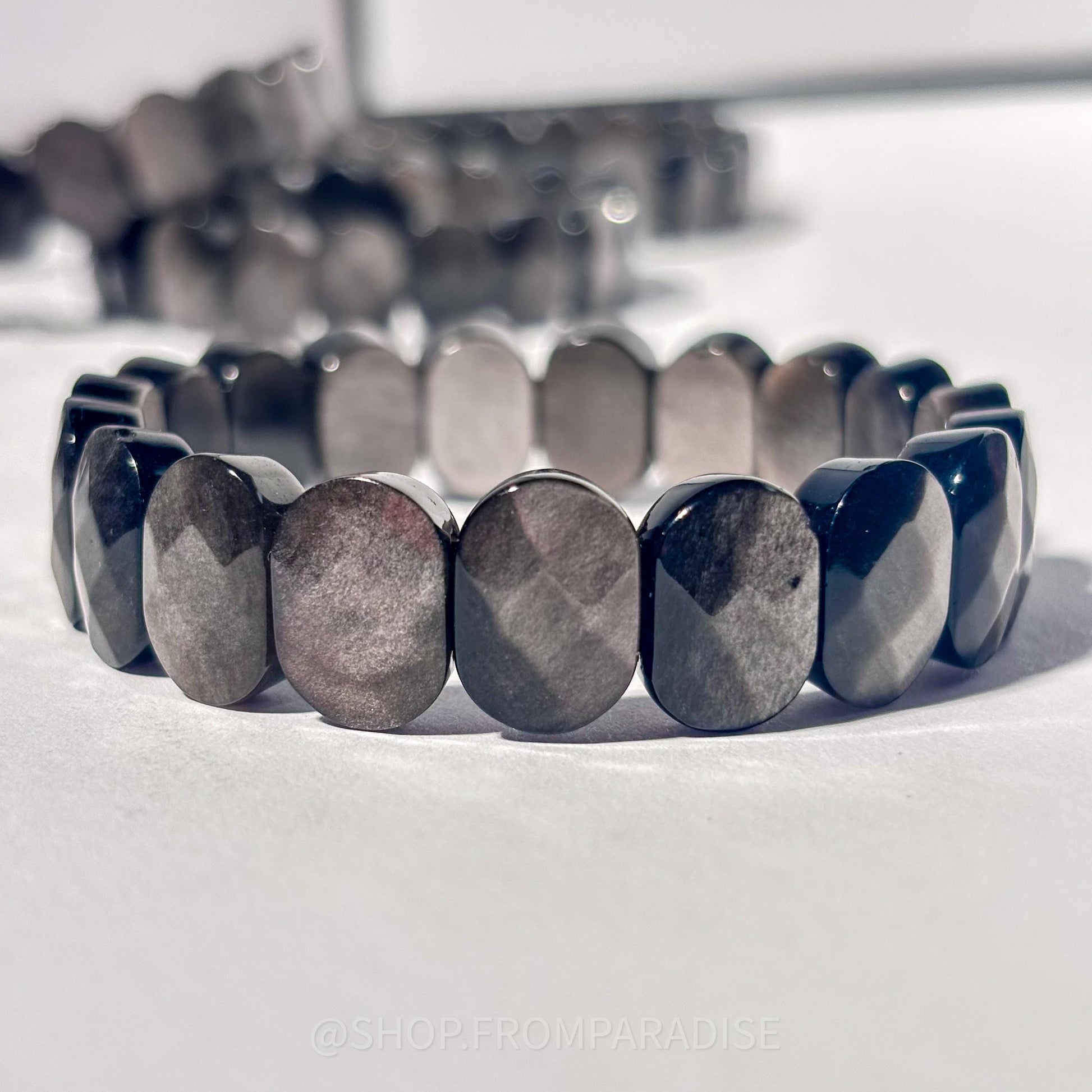 Silver Sheen Obsidian Crystal Oval Stretch Bangle Bracelet