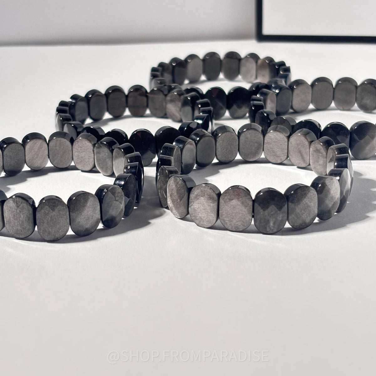 Silver Sheen Obsidian Crystal Oval Stretch Bangle Bracelet