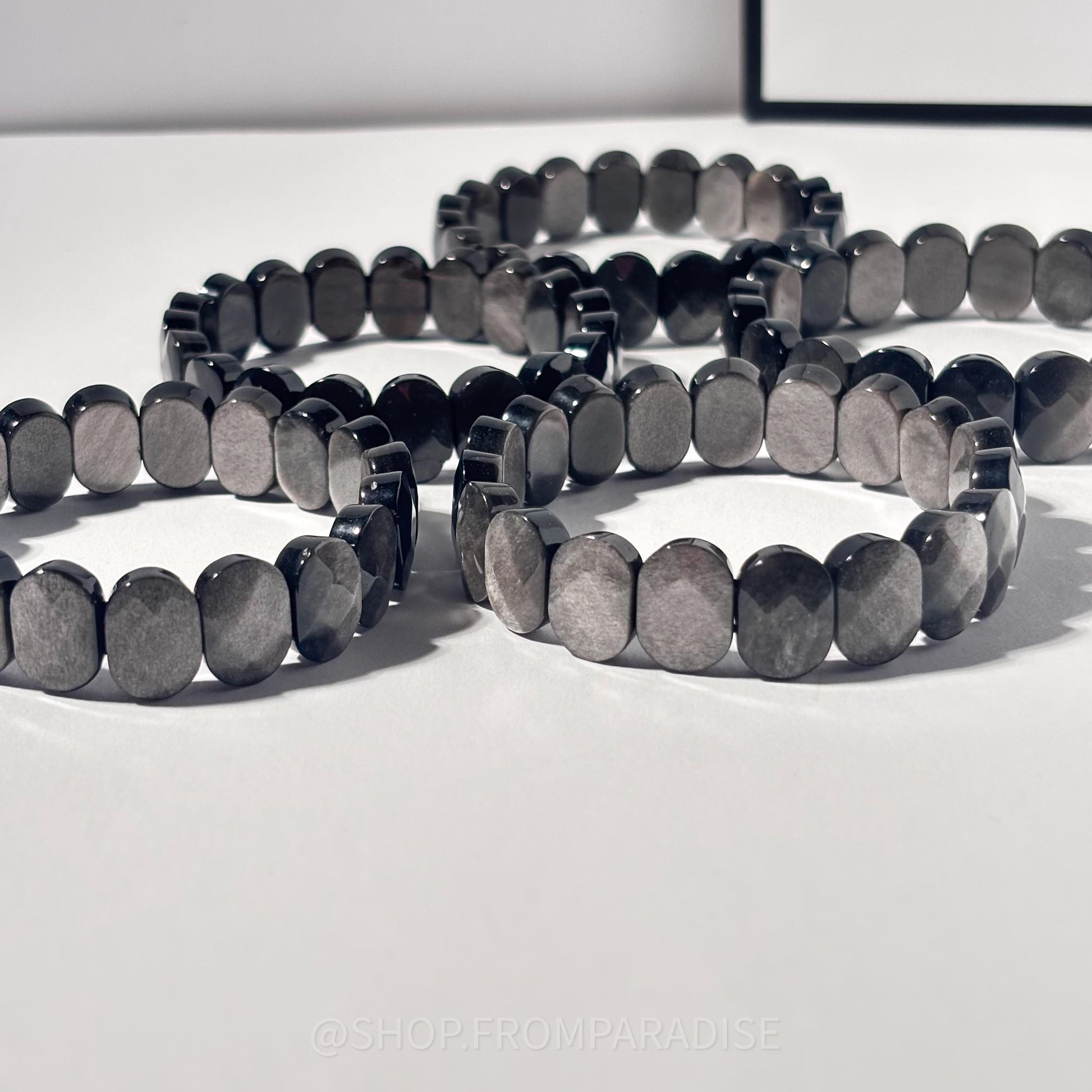 Silver Sheen Obsidian Crystal Oval Stretch Bangle Bracelet