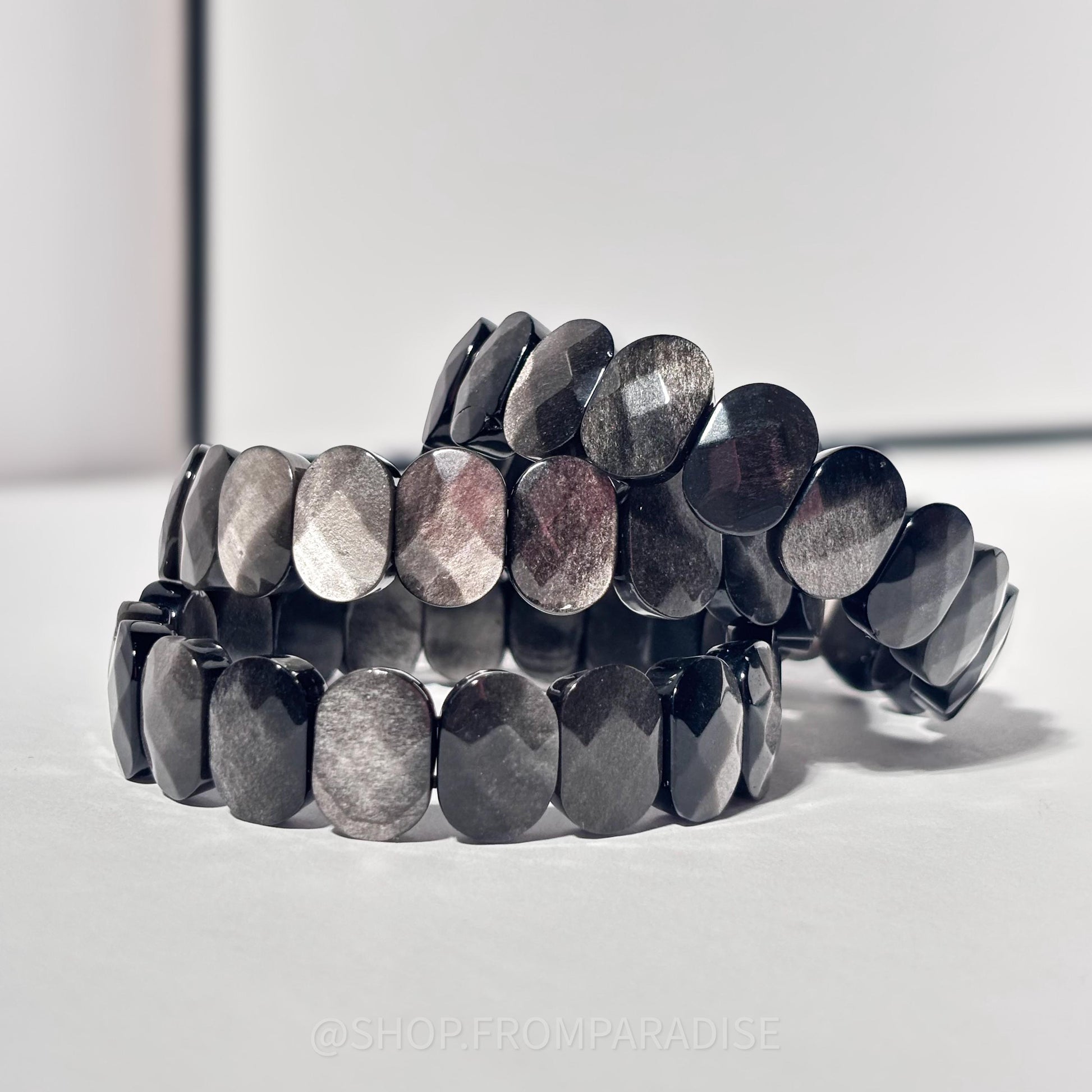 Silver Sheen Obsidian Crystal Oval Stretch Bangle Bracelet
