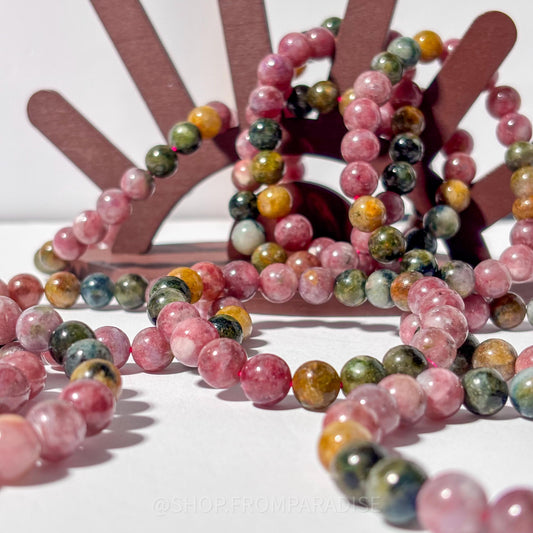 Tourmaline and Unicorn Stone Round Bead Crystal Stretch Bracelet