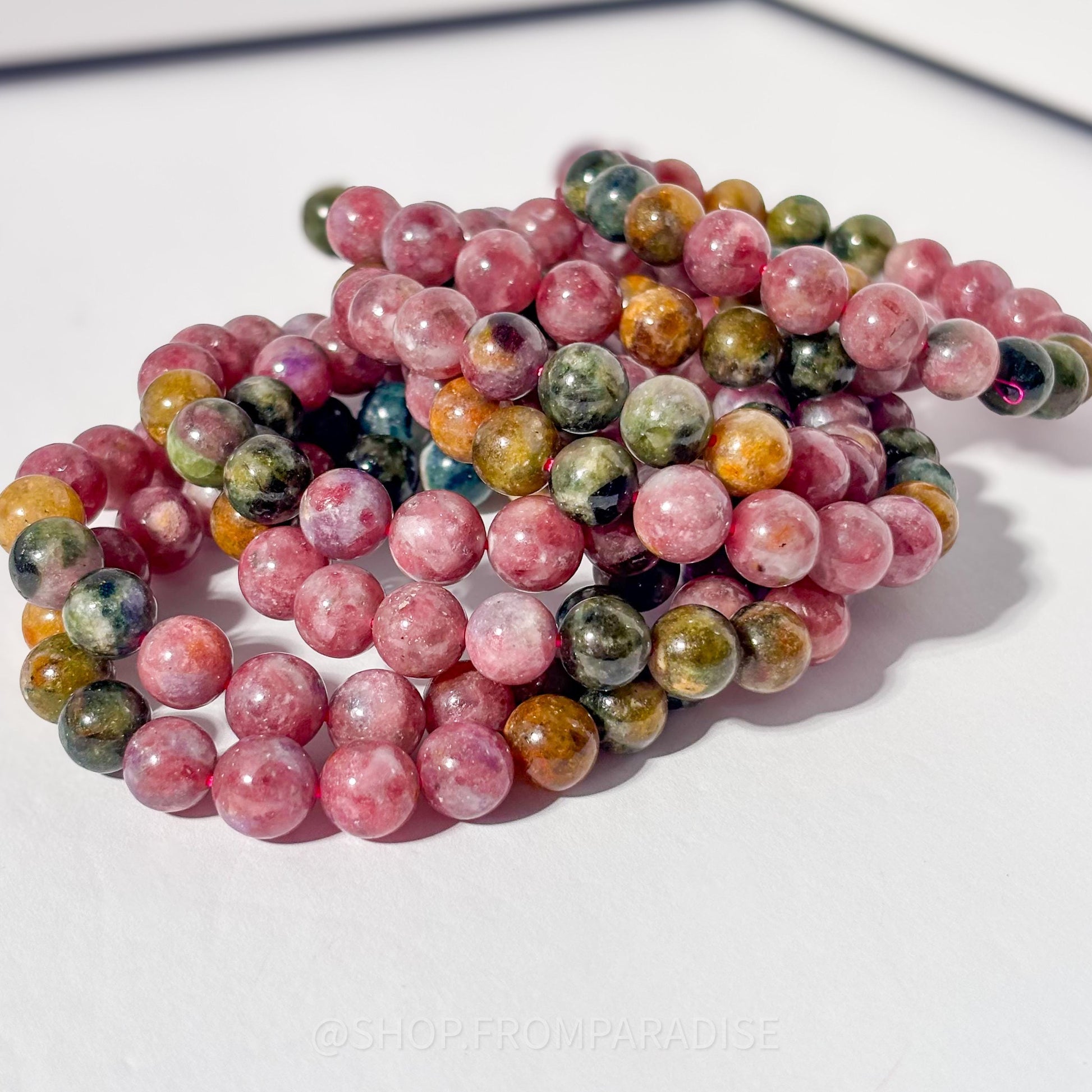 Tourmaline and Unicorn Stone Round Bead Crystal Stretch Bracelet