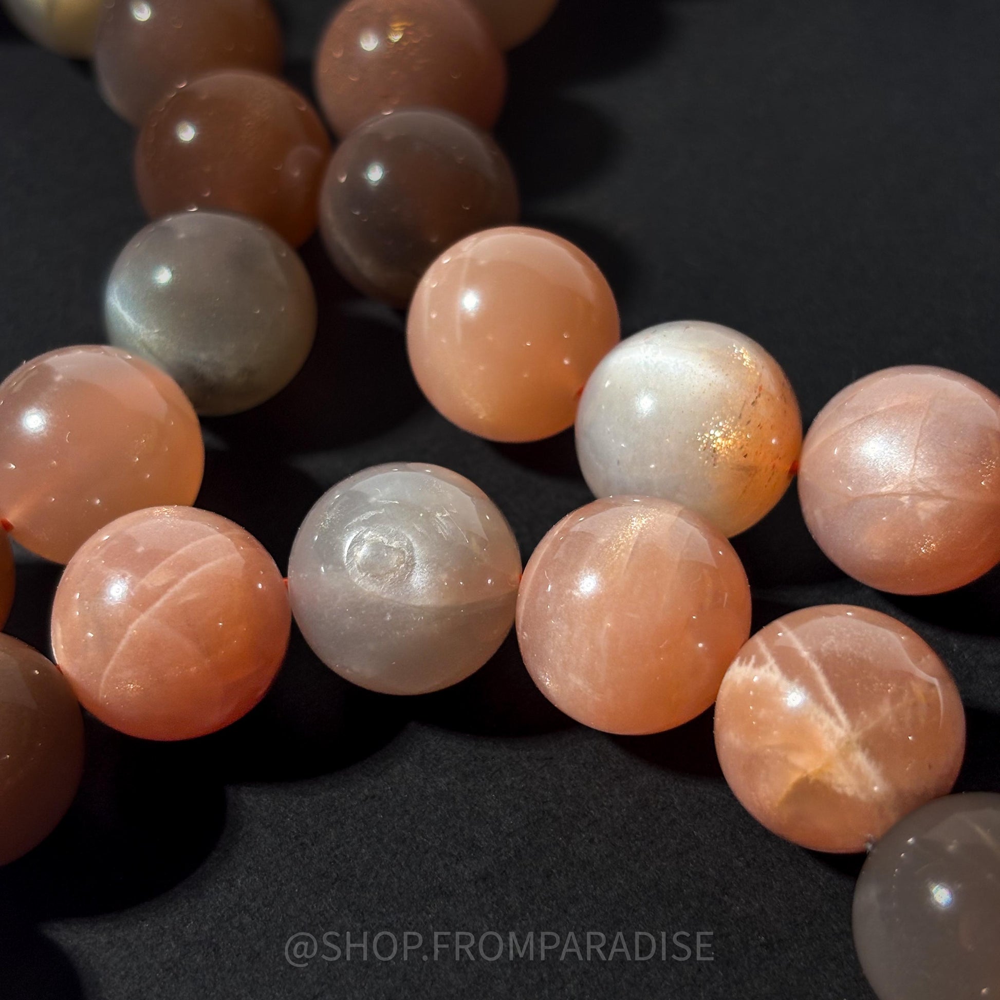 Peach and Black Moonstone Round Bead Crystal Bracelet