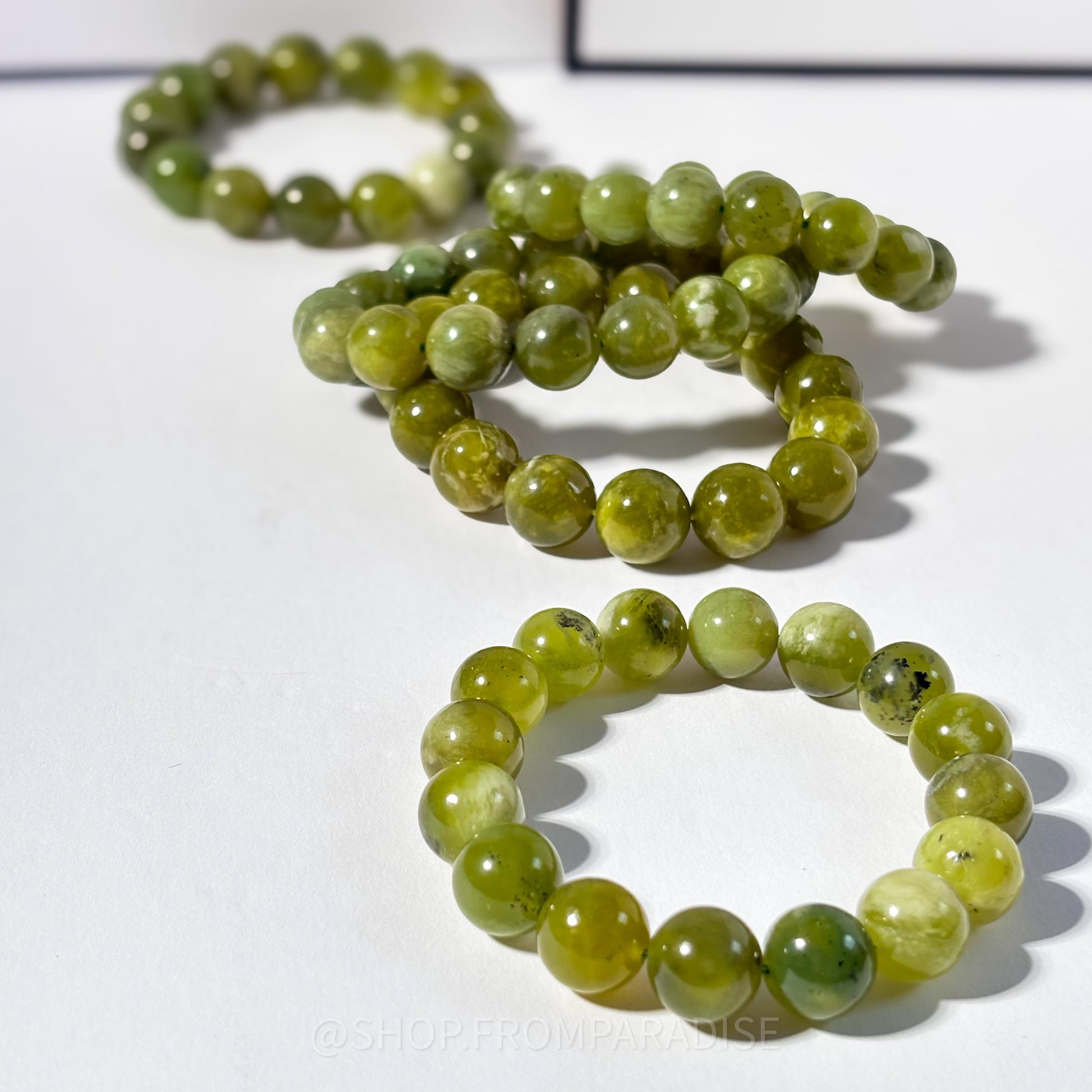 Green Jade Round Bead Crystal Stretch Bracelet