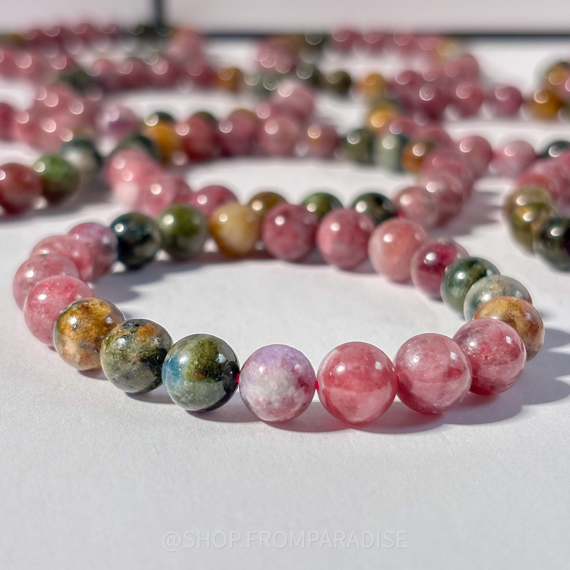 Tourmaline and Unicorn Stone Round Bead Crystal Stretch Bracelet
