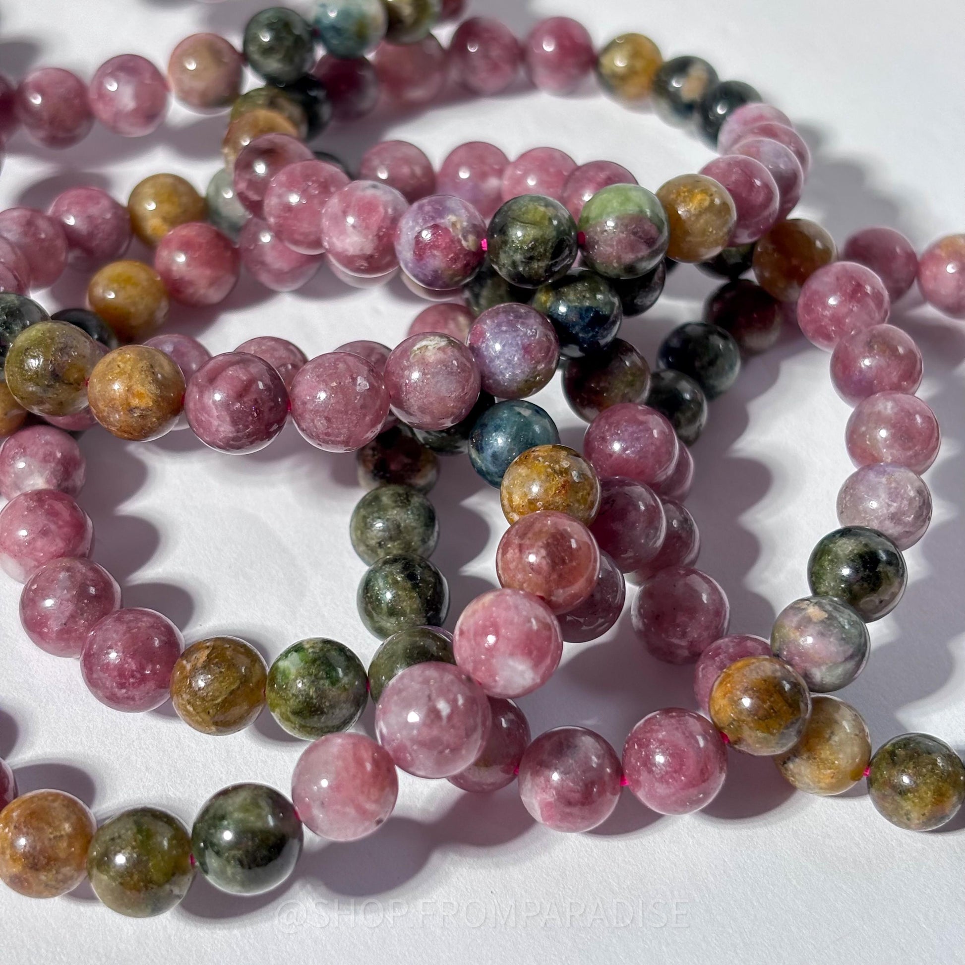 Tourmaline and Unicorn Stone Round Bead Crystal Stretch Bracelet