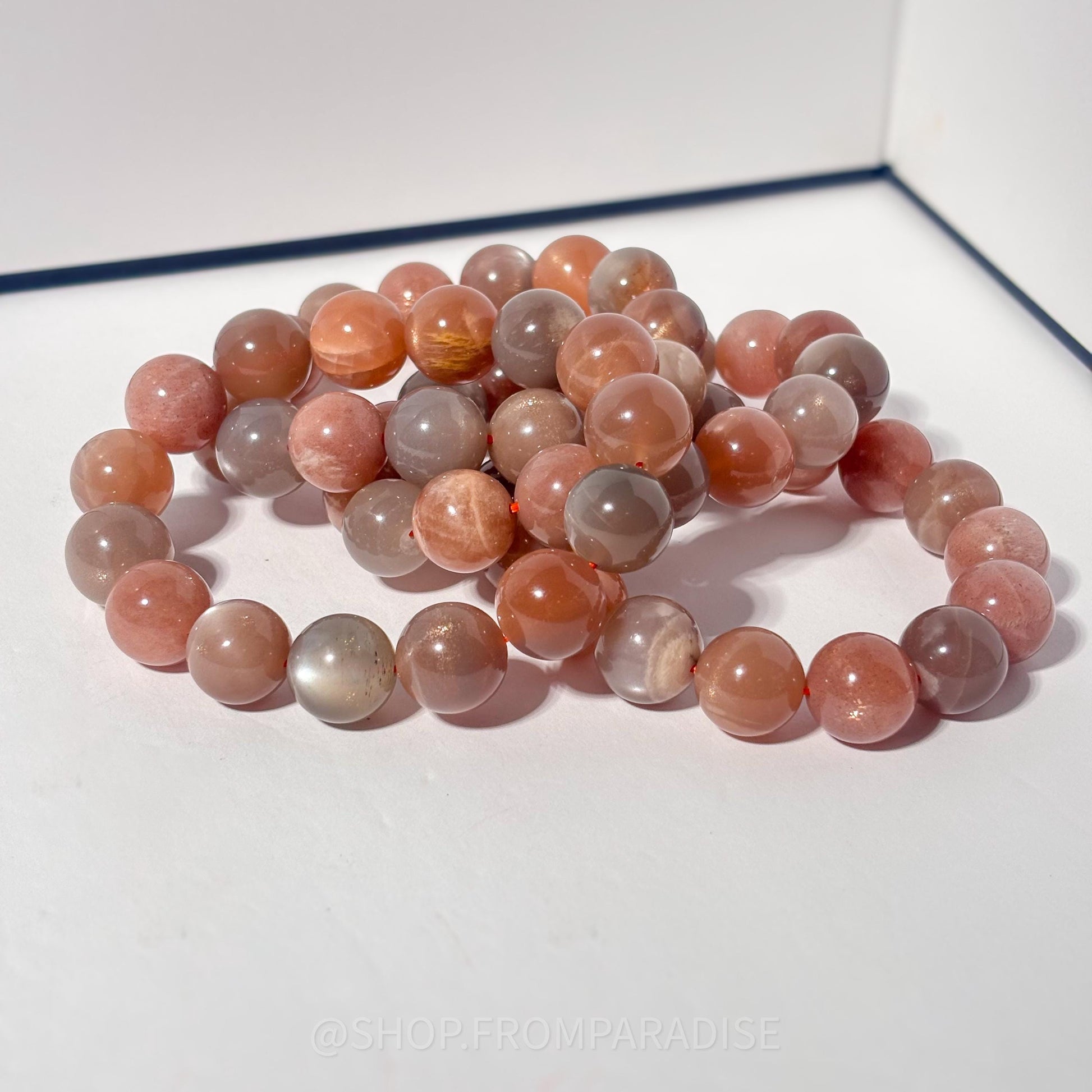 Peach and Black Moonstone Round Bead Crystal Bracelet