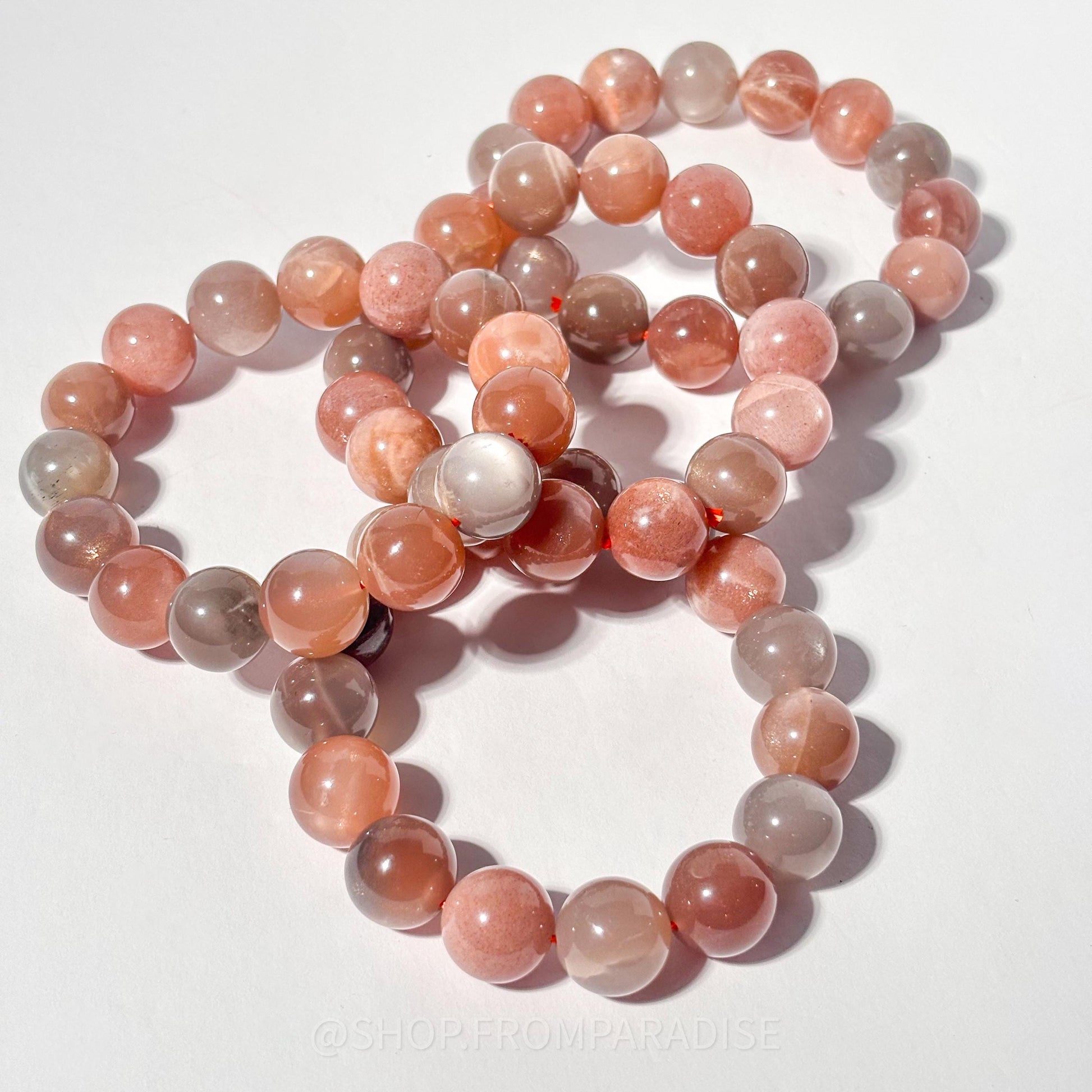 Peach and Black Moonstone Round Bead Crystal Bracelet
