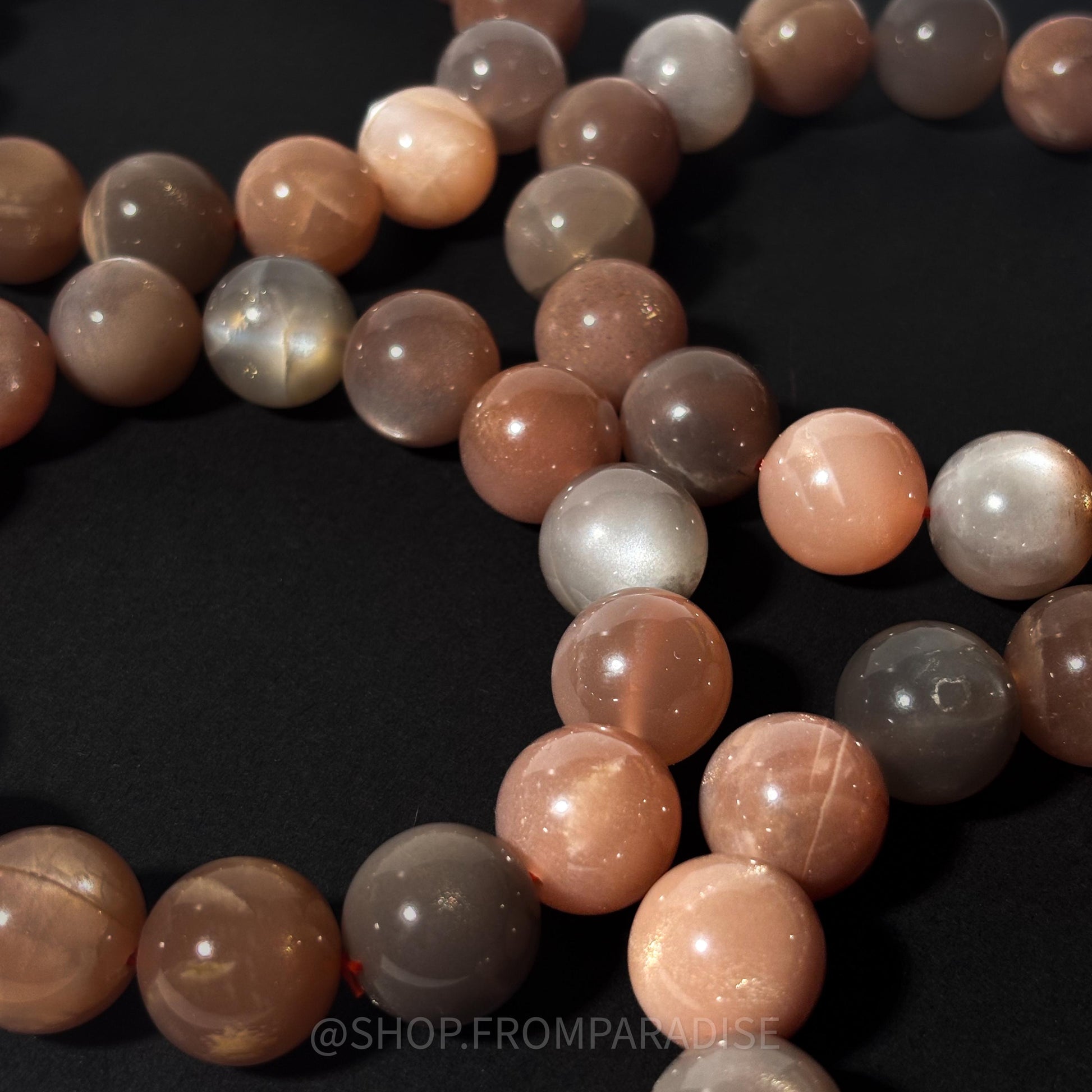 Peach and Black Moonstone Round Bead Crystal Bracelet