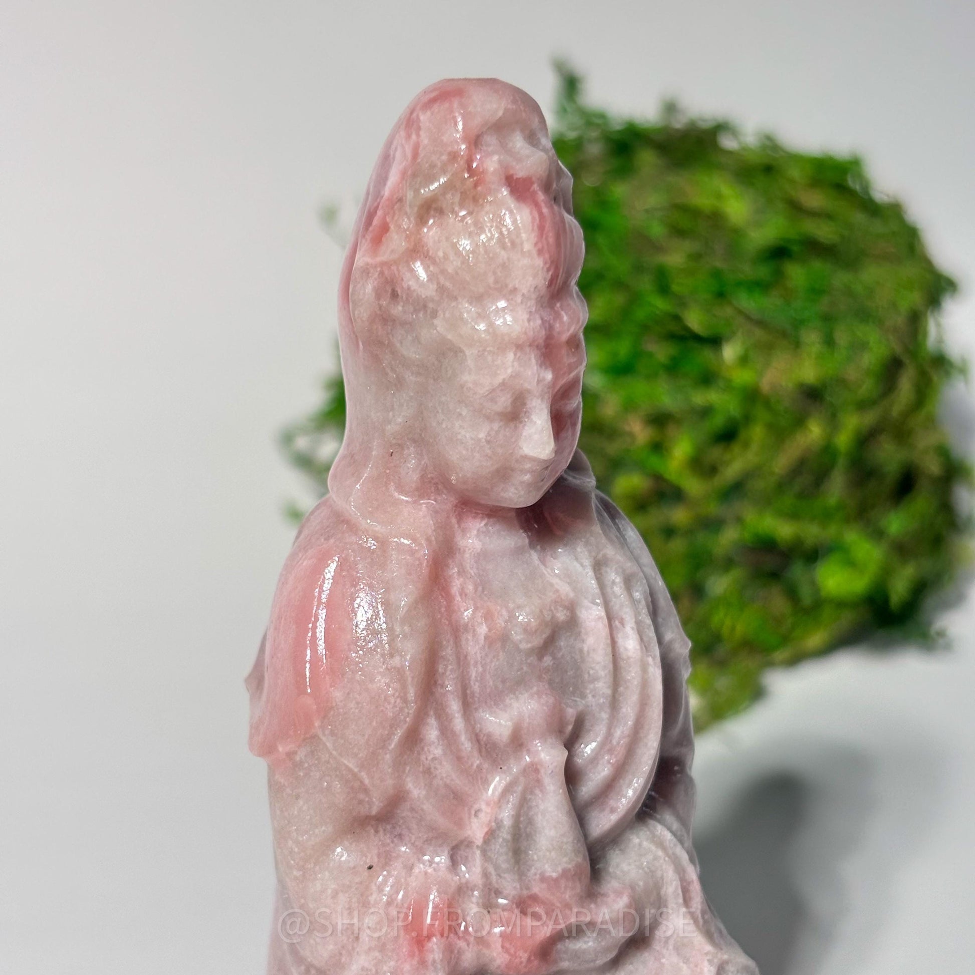 Guanyin Pink Opal Deity Stone Statue: Goddess of Mercy and Compassion