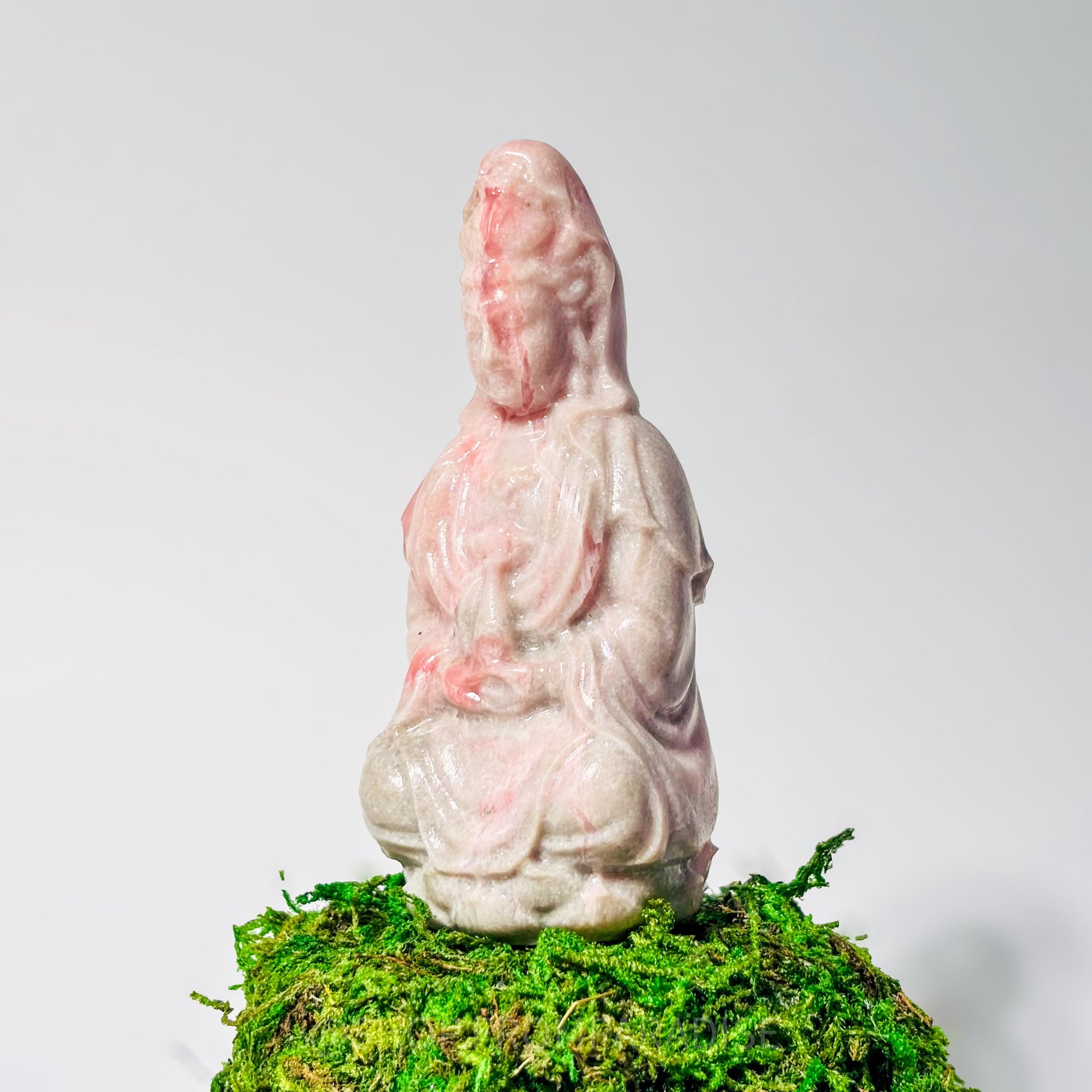 Guanyin Pink Opal Deity Stone Statue: Goddess of Mercy and Compassion