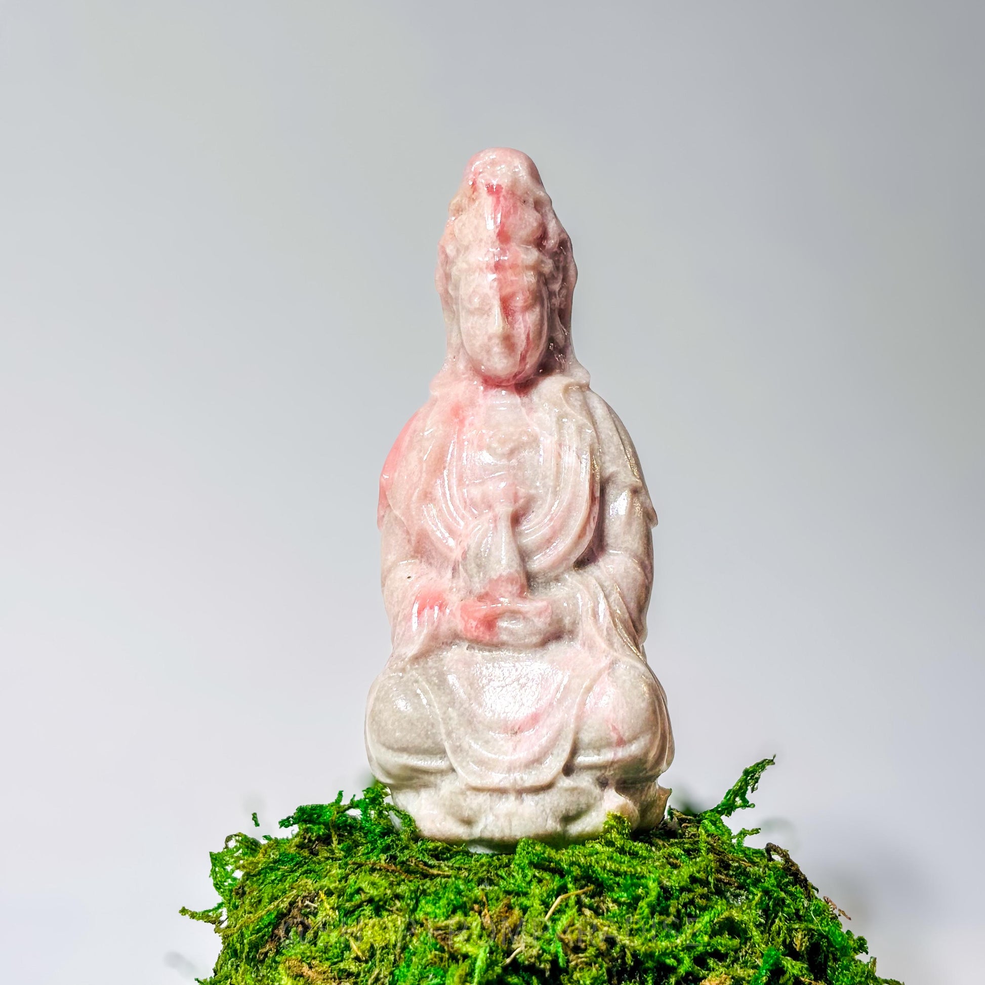Guanyin Pink Opal Deity Stone Statue: Goddess of Mercy and Compassion