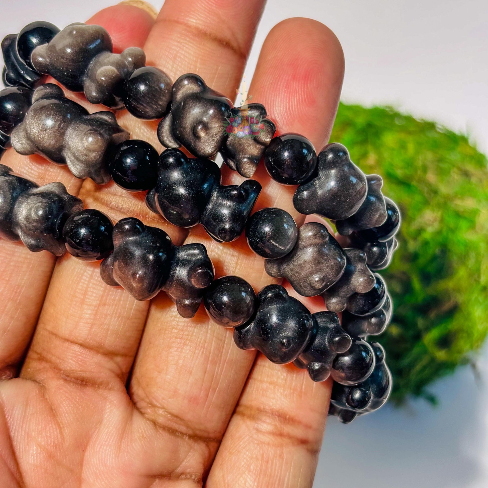 Silver Obsidian Bear Motif Bracelet