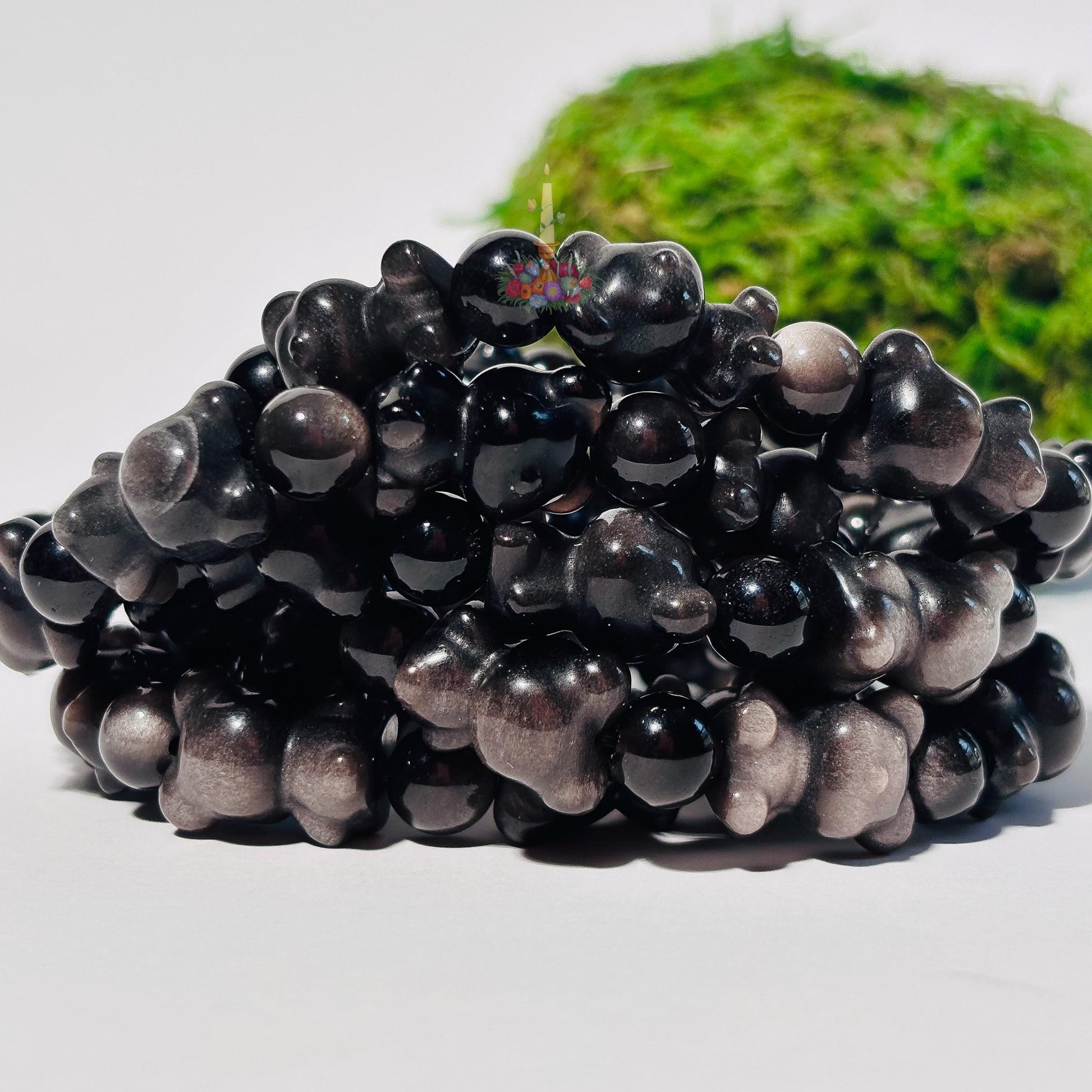 Silver Obsidian Bear Motif Bracelet