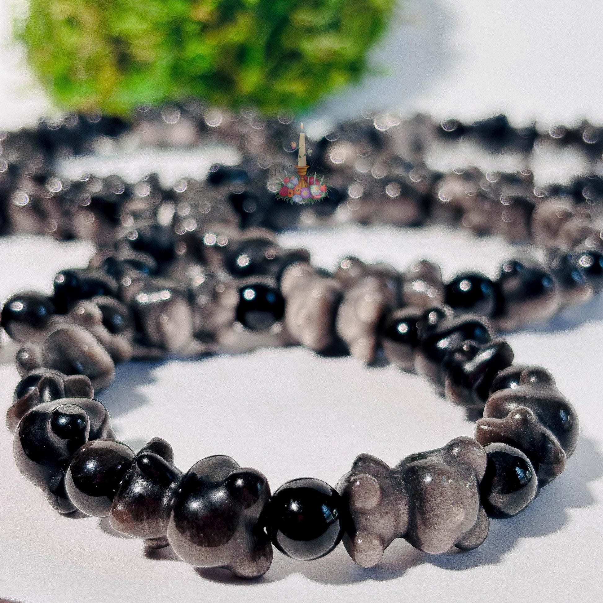 Silver Obsidian Bear Motif Bracelet