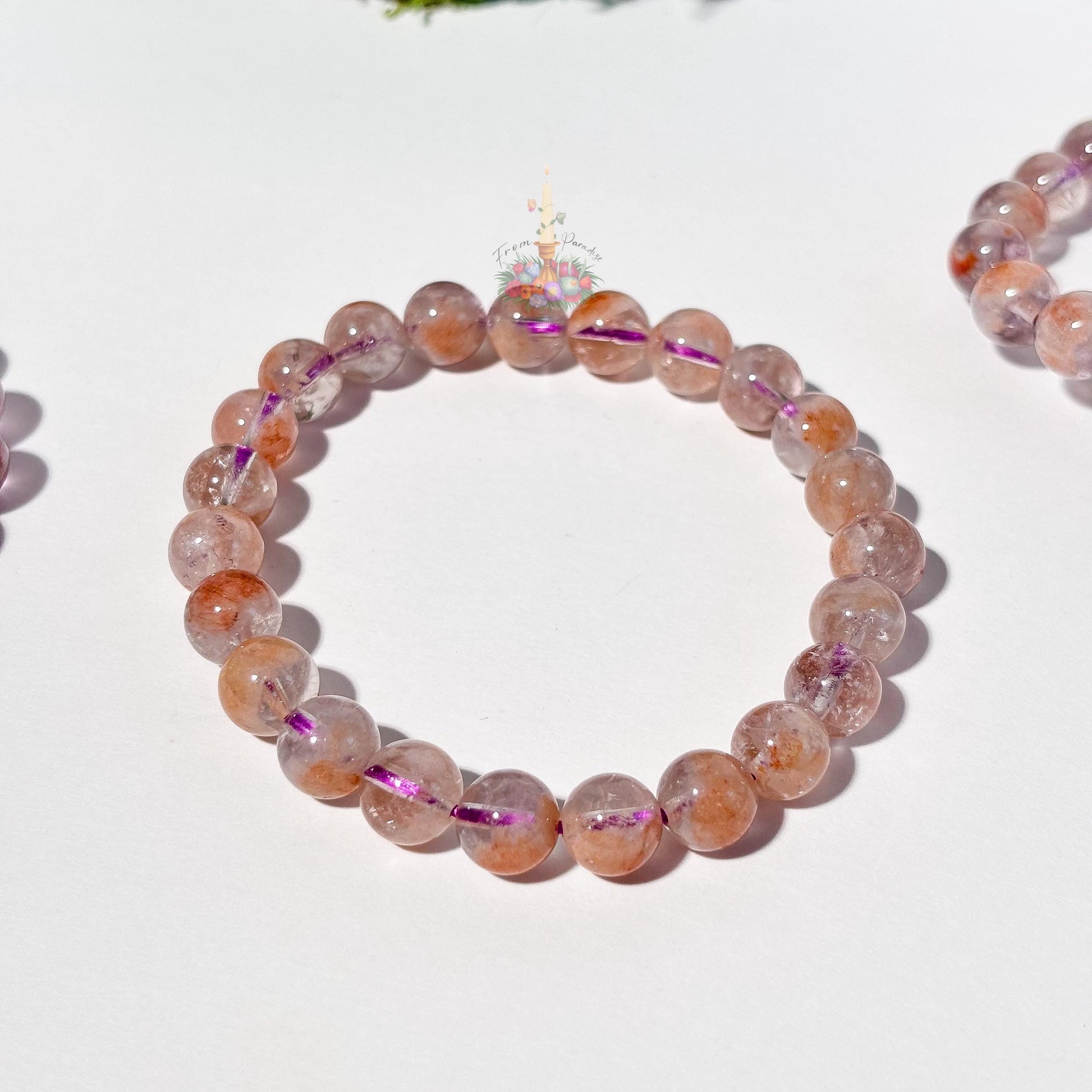 Amethyst Cacoxenite Inclusion Quartz Bracelet | Round Bead Stretch Jewelry
