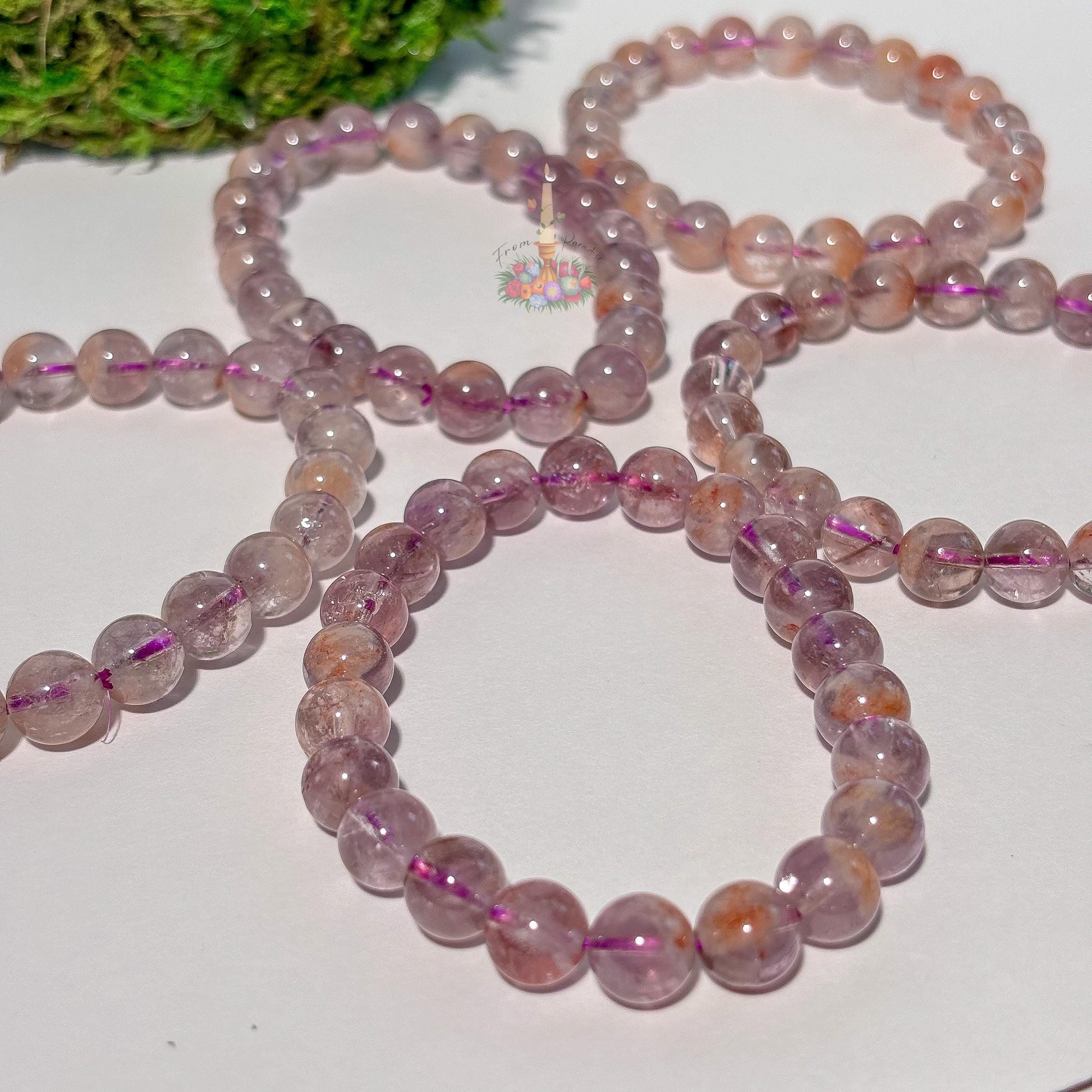 Amethyst Cacoxenite Inclusion Quartz Bracelet | Round Bead Stretch Jewelry