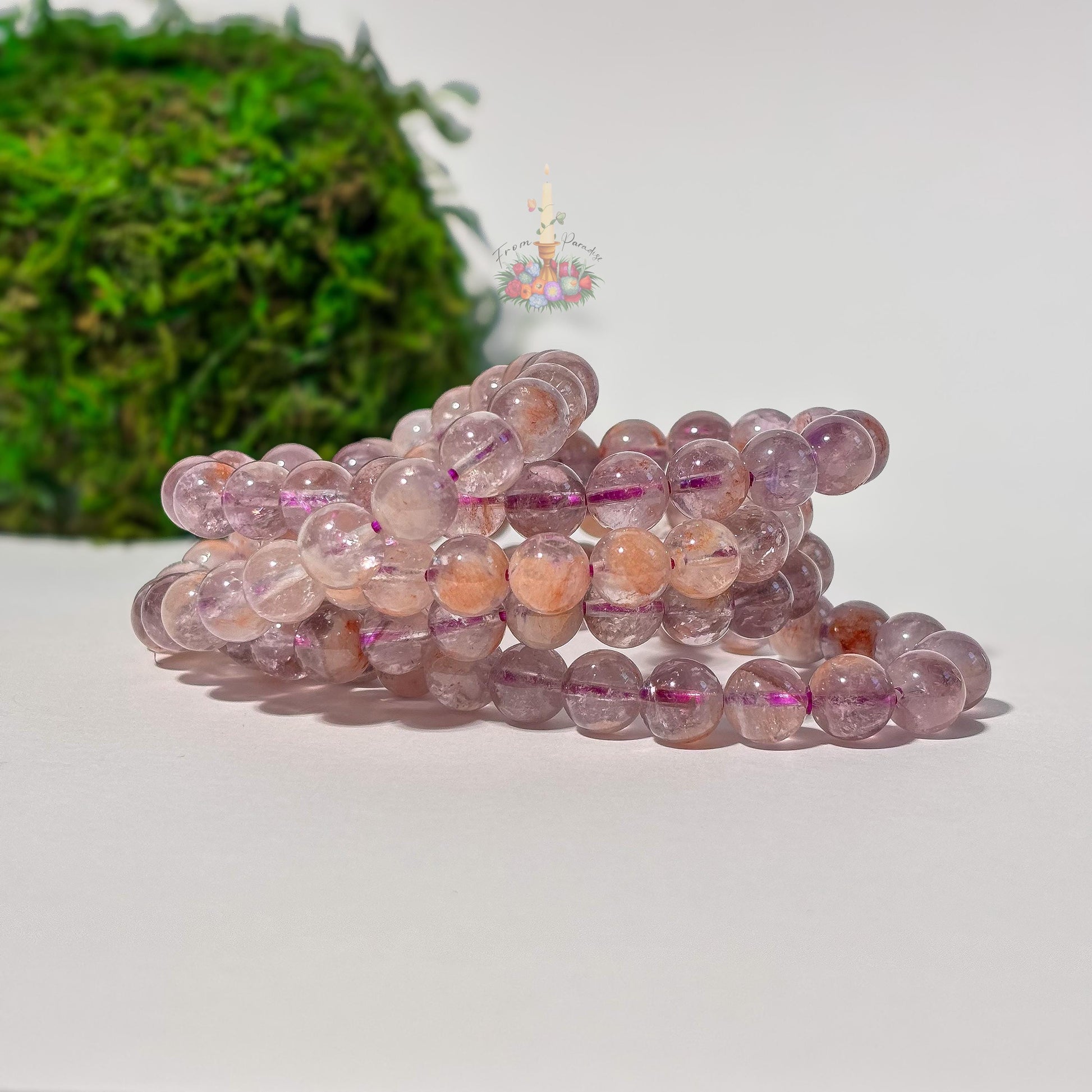 Amethyst Cacoxenite Inclusion Quartz Bracelet | Round Bead Stretch Jewelry