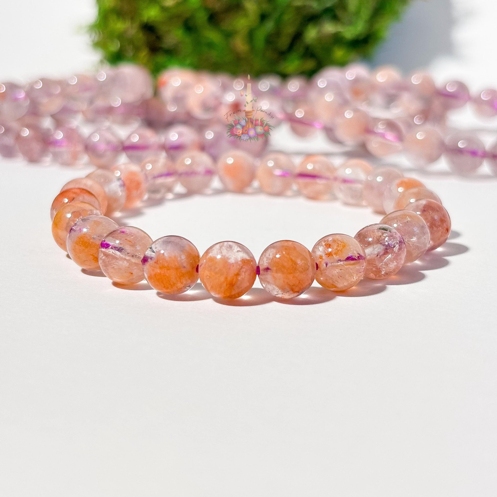 Amethyst Cacoxenite Inclusion Quartz Bracelet | Round Bead Stretch Jewelry