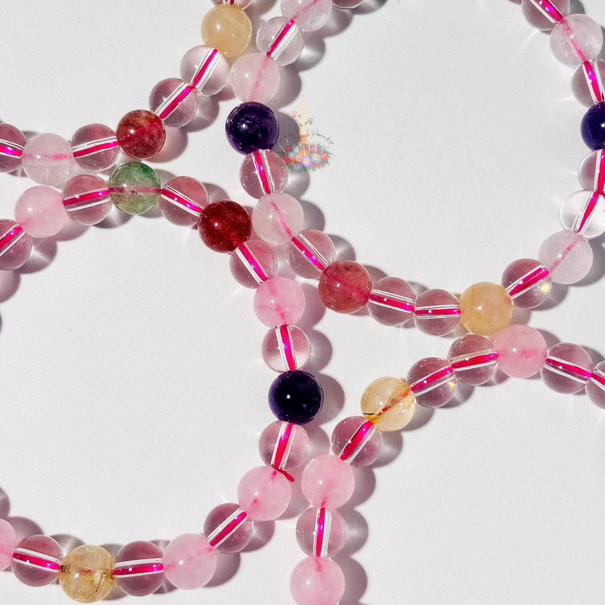 Multi Gemstone Bracelet: Energy of Love & Manifestation | Rose Quartz, Strawberry Quartz, Golden Rutile, Clear Quartz Bead | Crystal Jewelry