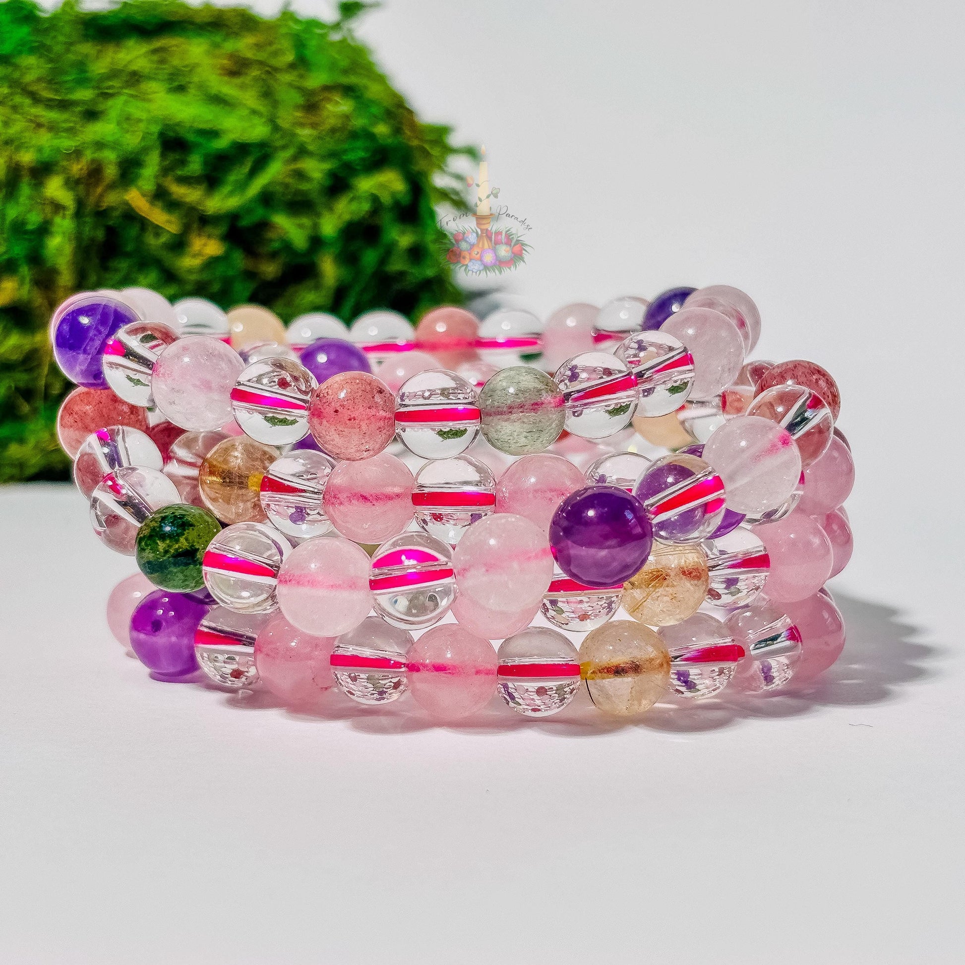 Multi Gemstone Bracelet: Energy of Love & Manifestation | Rose Quartz, Strawberry Quartz, Golden Rutile, Clear Quartz Bead | Crystal Jewelry