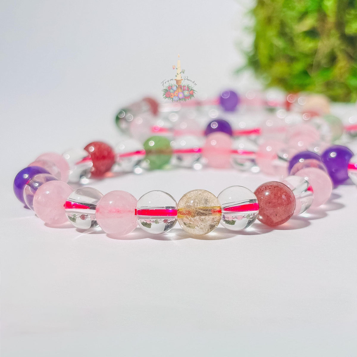 Multi Gemstone Bracelet: Energy of Love & Manifestation | Rose Quartz, Strawberry Quartz, Golden Rutile, Clear Quartz Bead | Crystal Jewelry